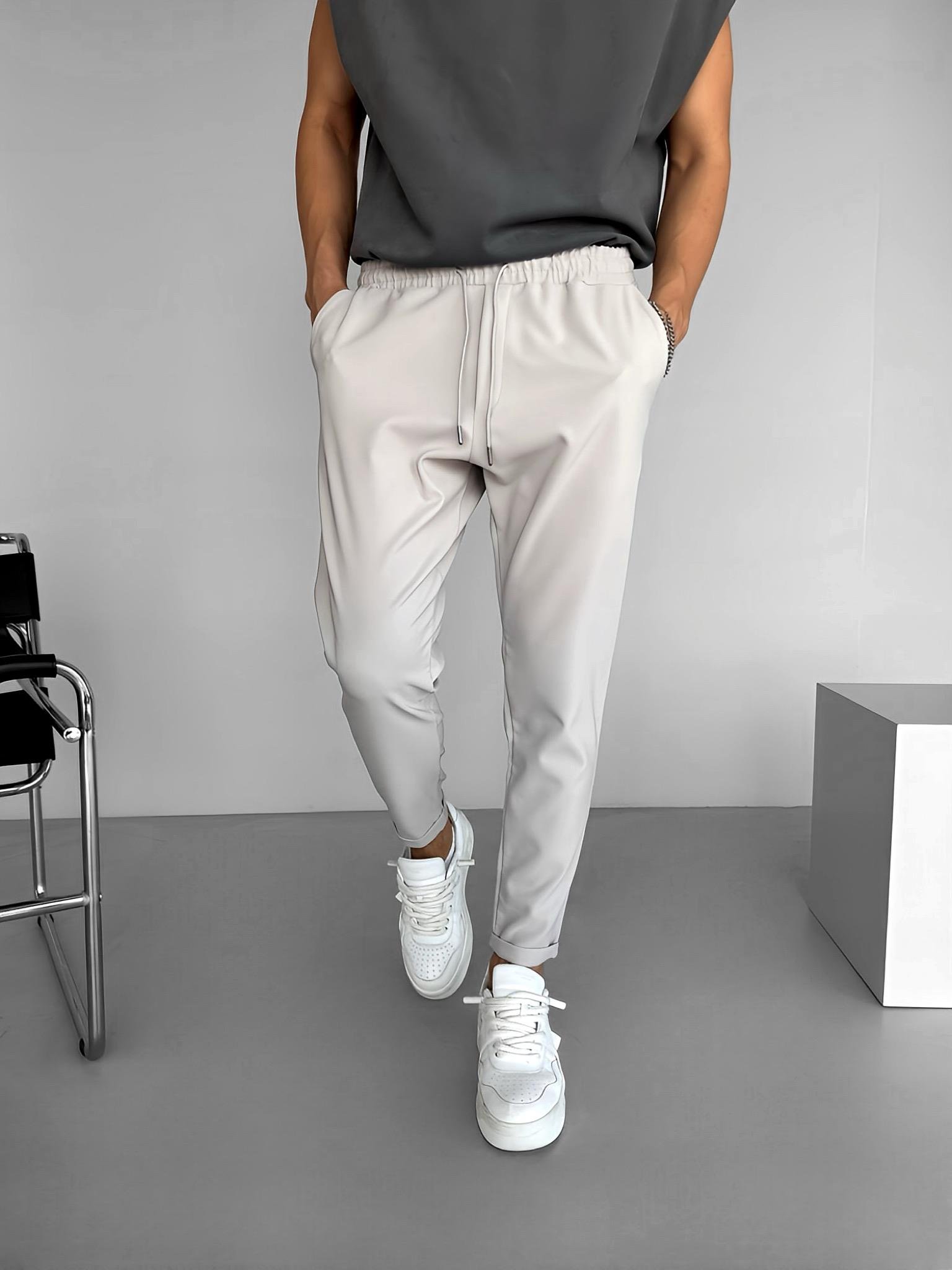 Beli Lastikli Slim Fit Esnek Pantolon Gri