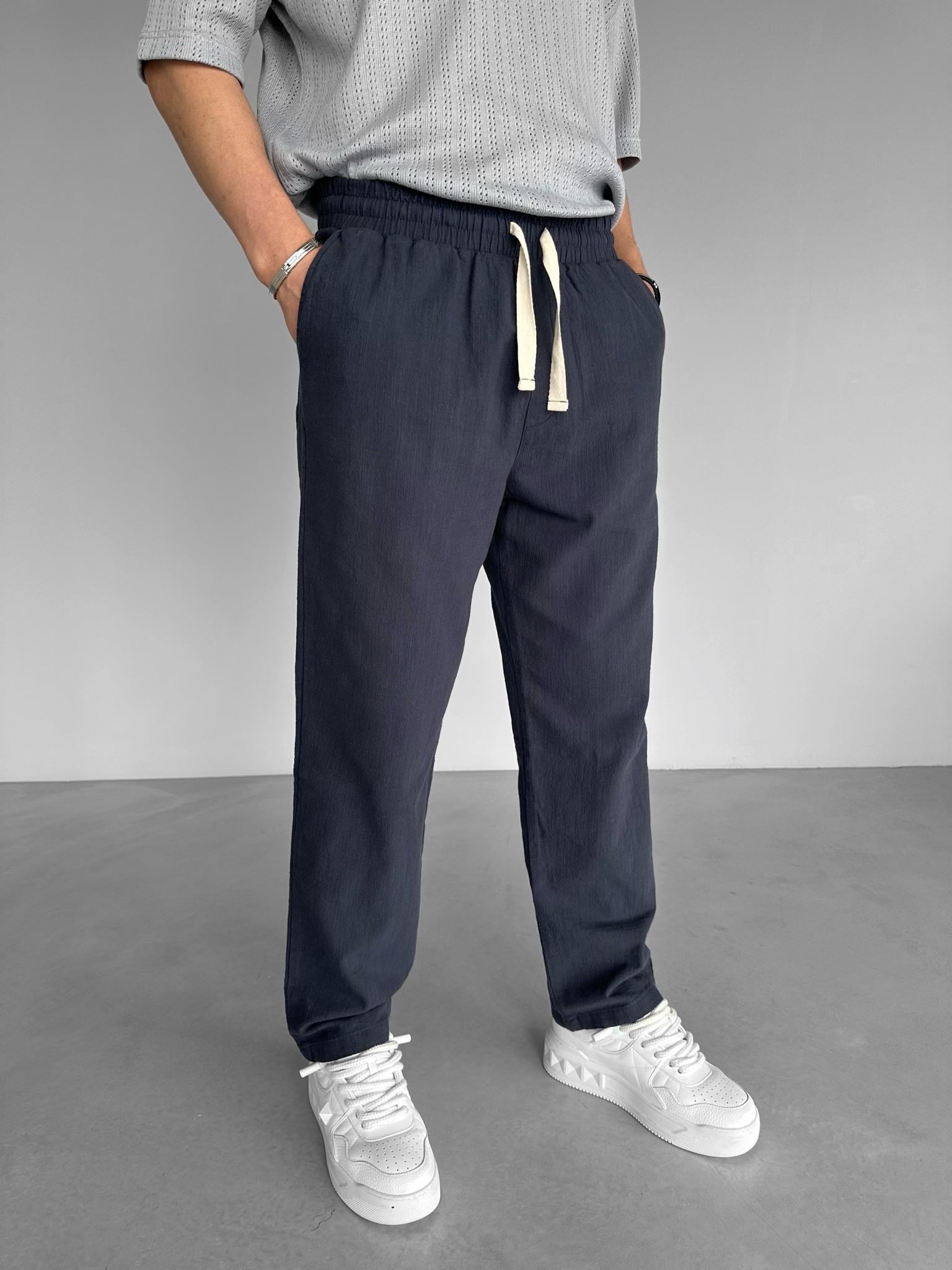 Boyfriend Kalıp Keten Pantolon Lacivert