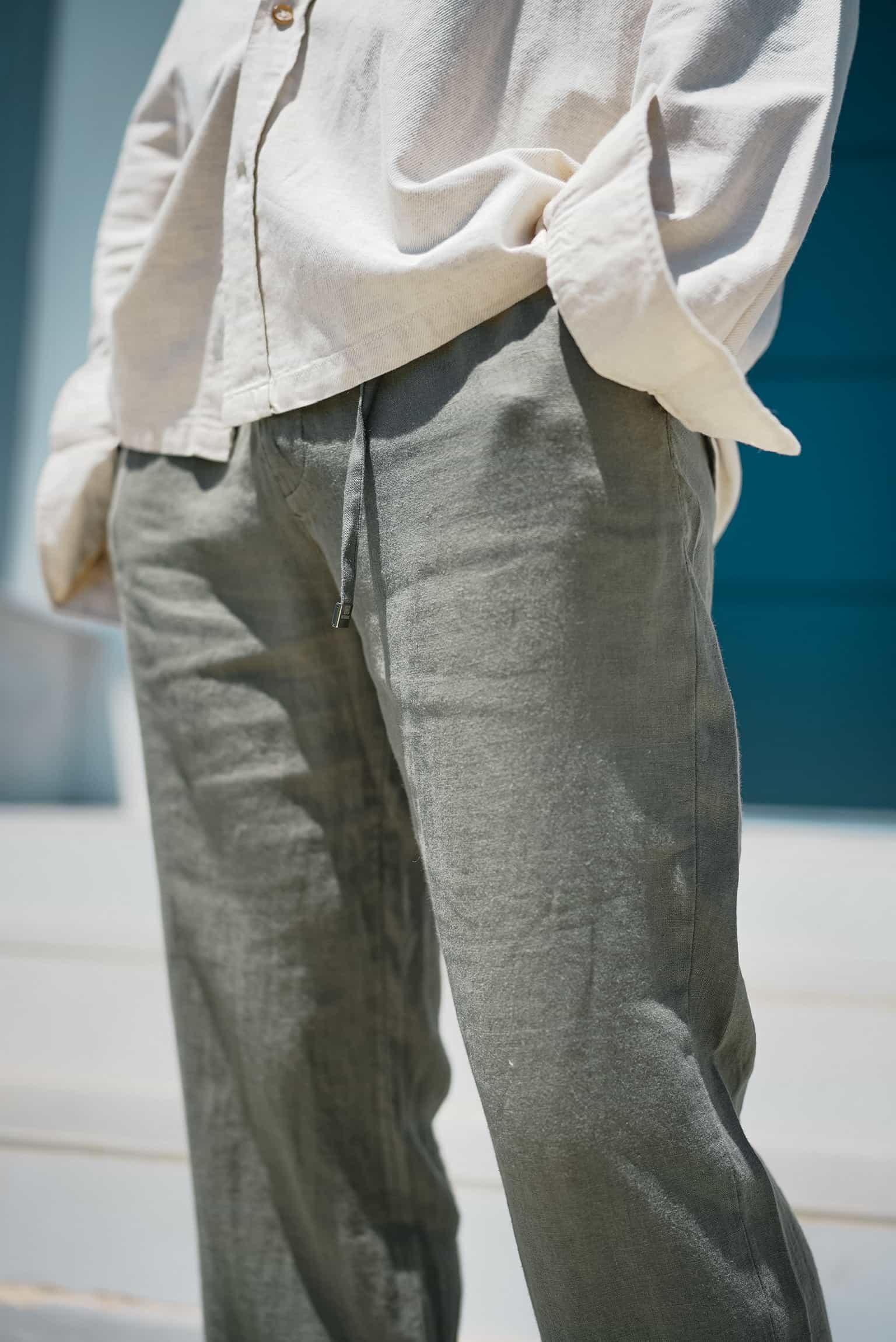 Erkek Bağcıklı Keten Baggy Pantolon Haki Yeşil