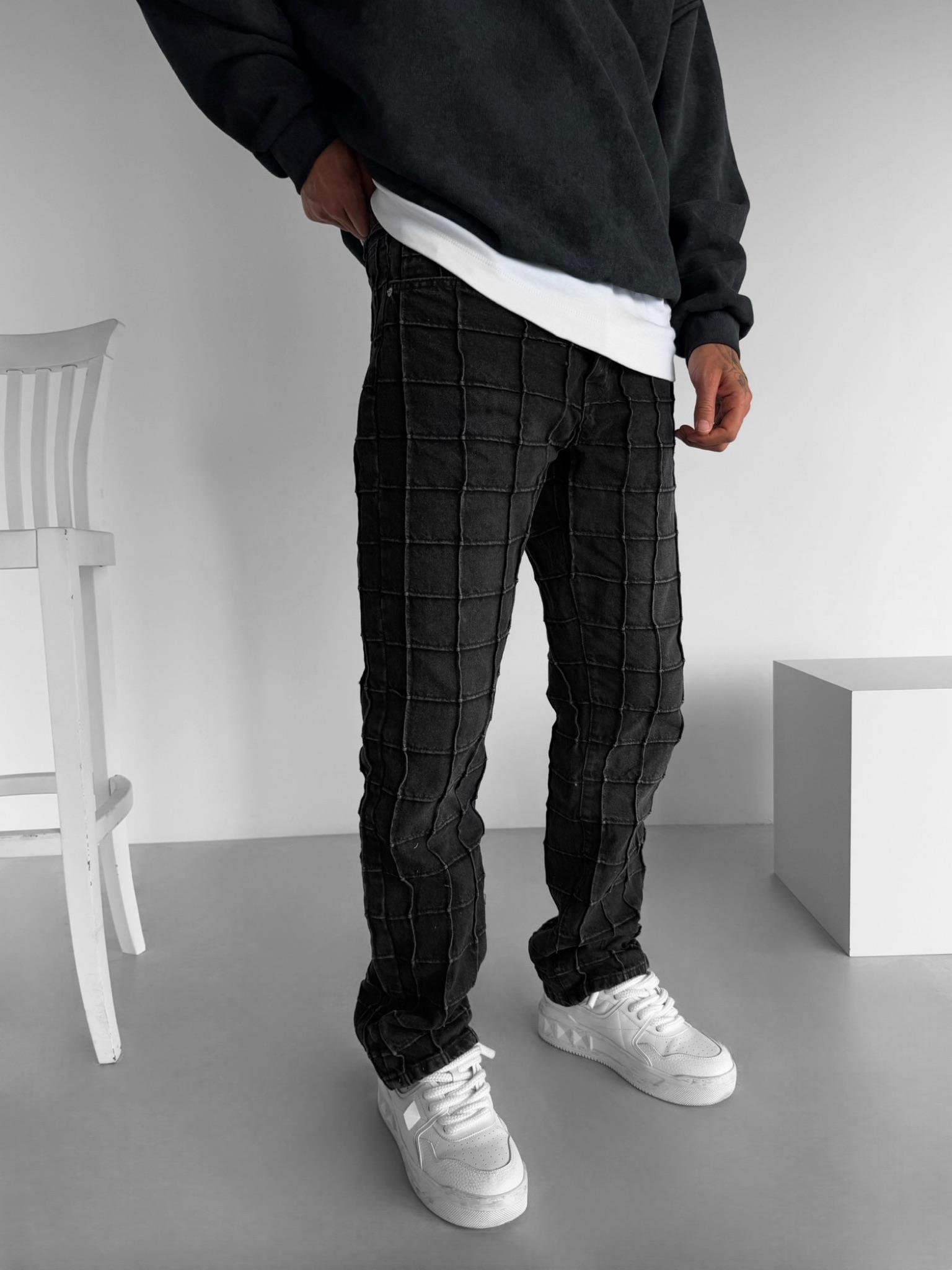 Erkek Baggy Fit %100 Pamuk Kare Nakış Detaylı Jean Pantolon Siyah