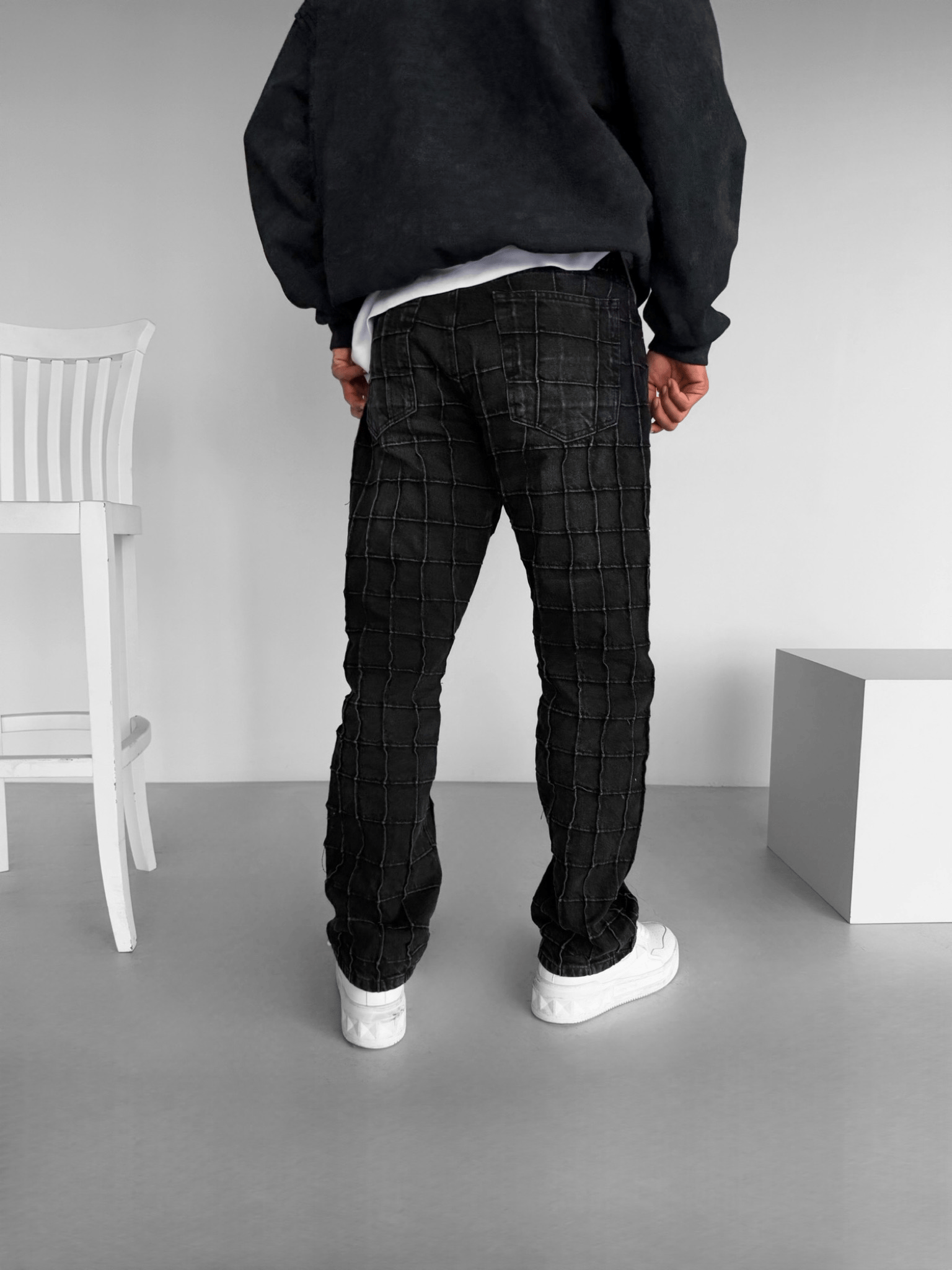 Erkek Baggy Fit %100 Pamuk Kare Nakış Detaylı Jean Pantolon Siyah