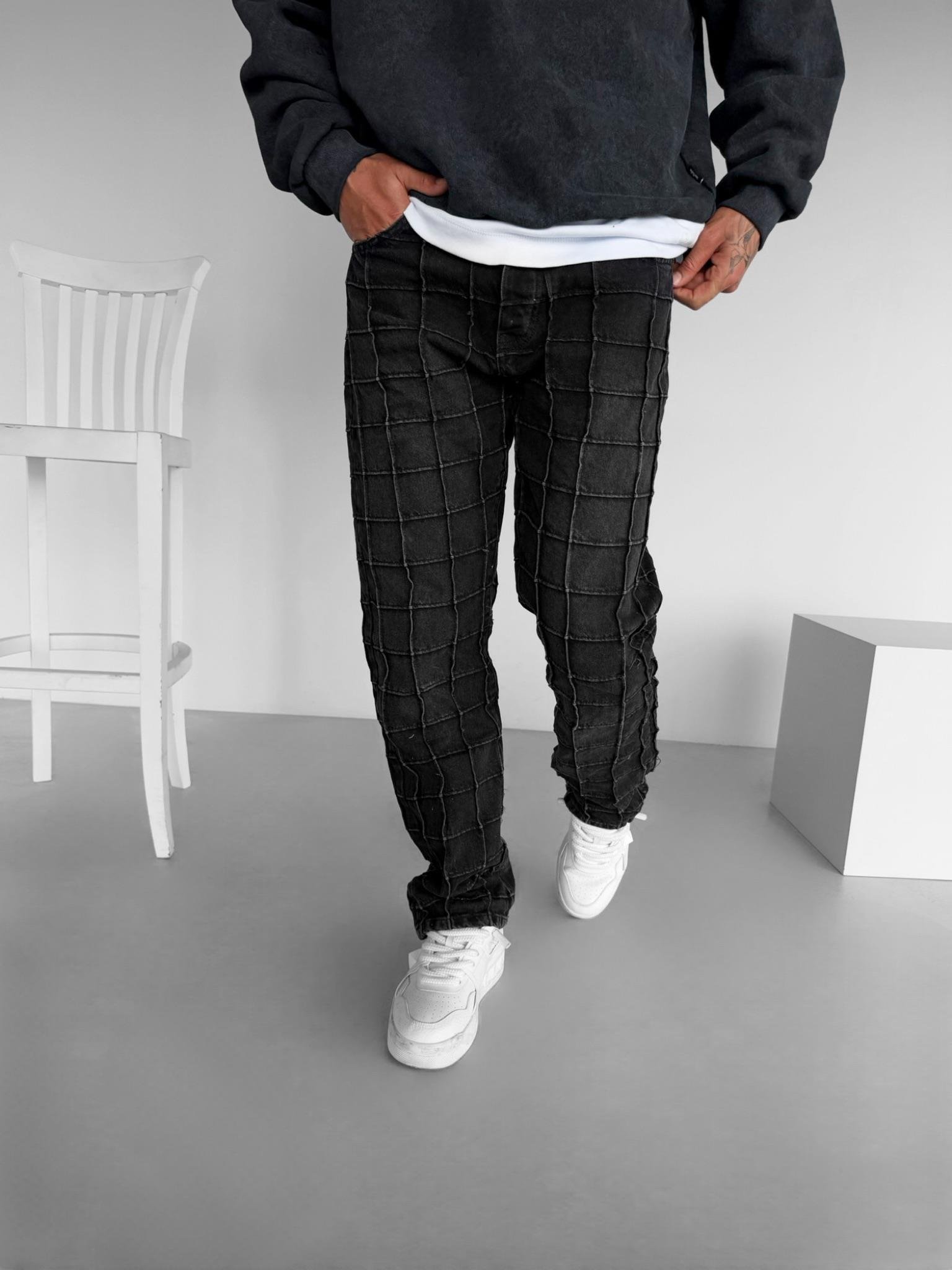 Erkek Baggy Fit %100 Pamuk Kare Nakış Detaylı Jean Pantolon Siyah