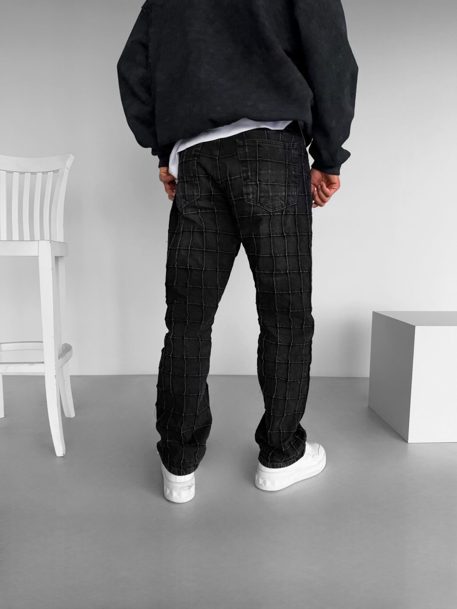Erkek Baggy Fit %100 Pamuk Kare Nakış Detaylı Jean Pantolon Siyah
