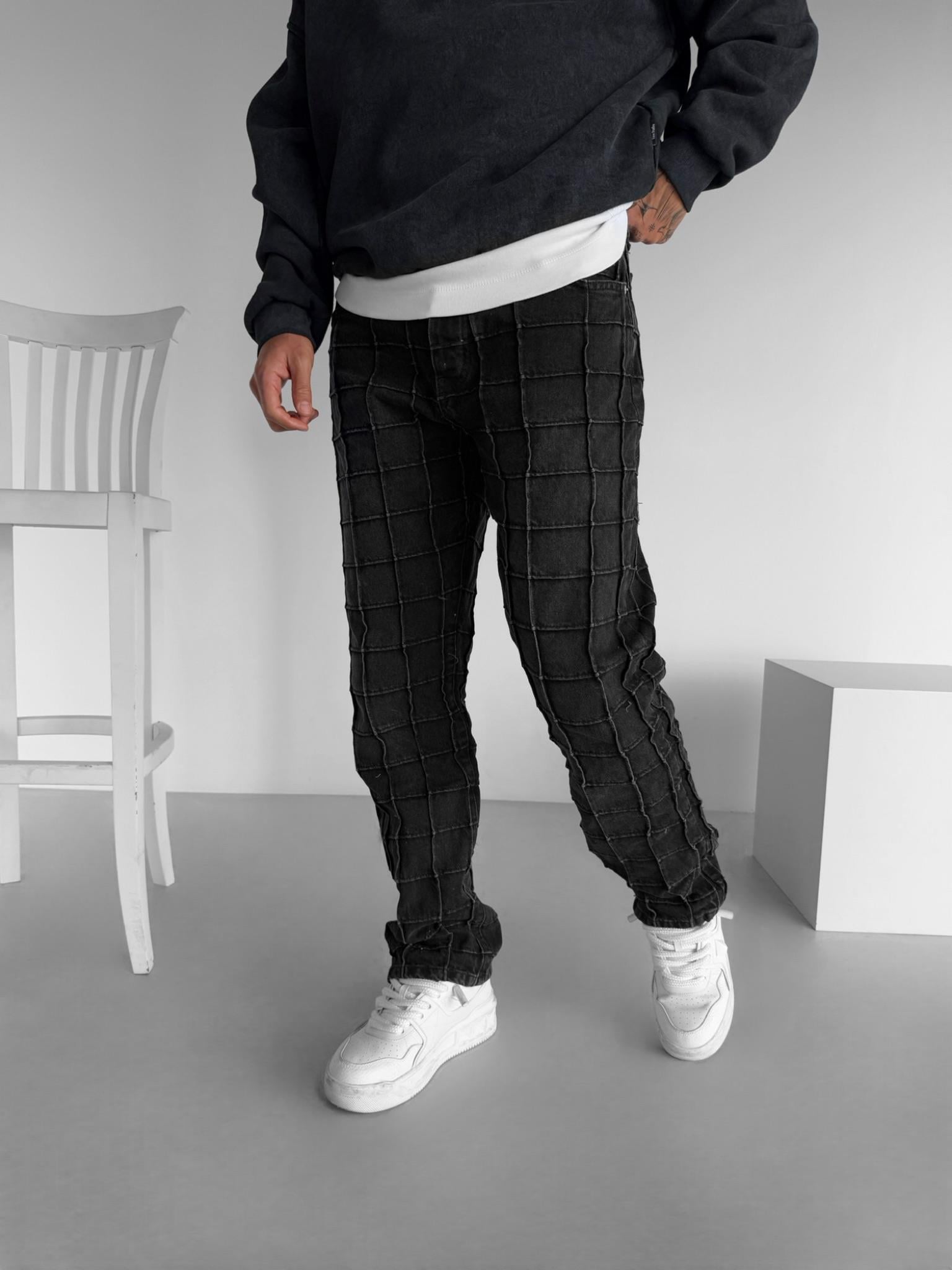 Erkek Baggy Fit %100 Pamuk Kare Nakış Detaylı Jean Pantolon Siyah