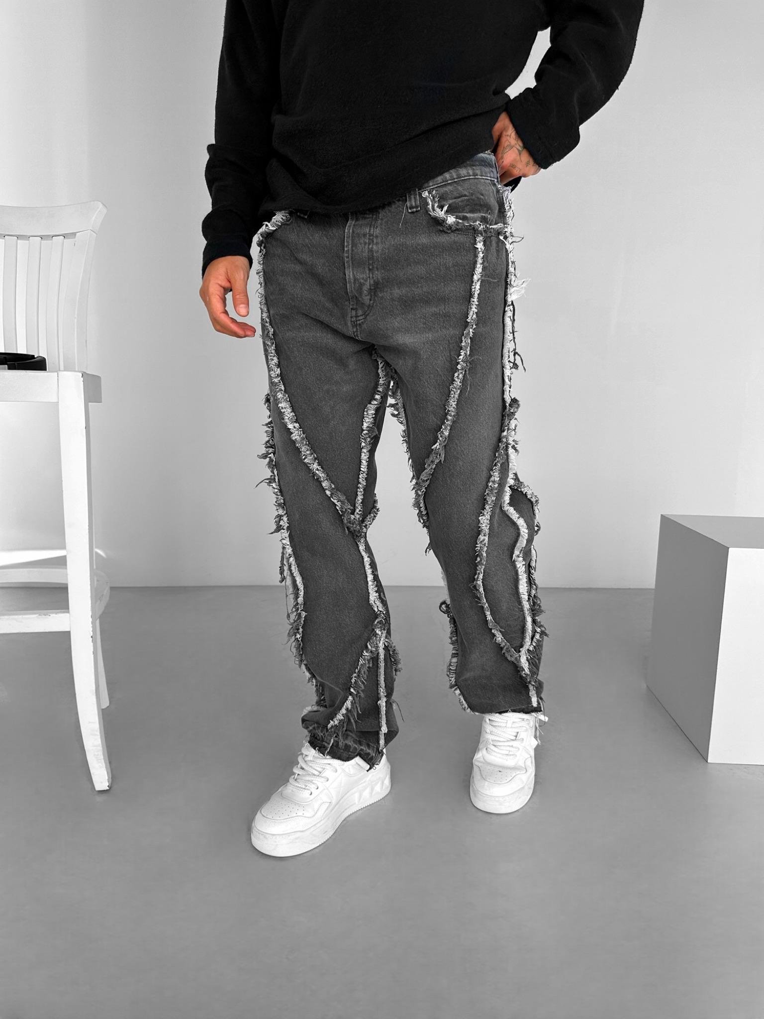 Erkek Baggy Fit %100 Pamuk Saçaklı Jean Kot Pantolon Gri