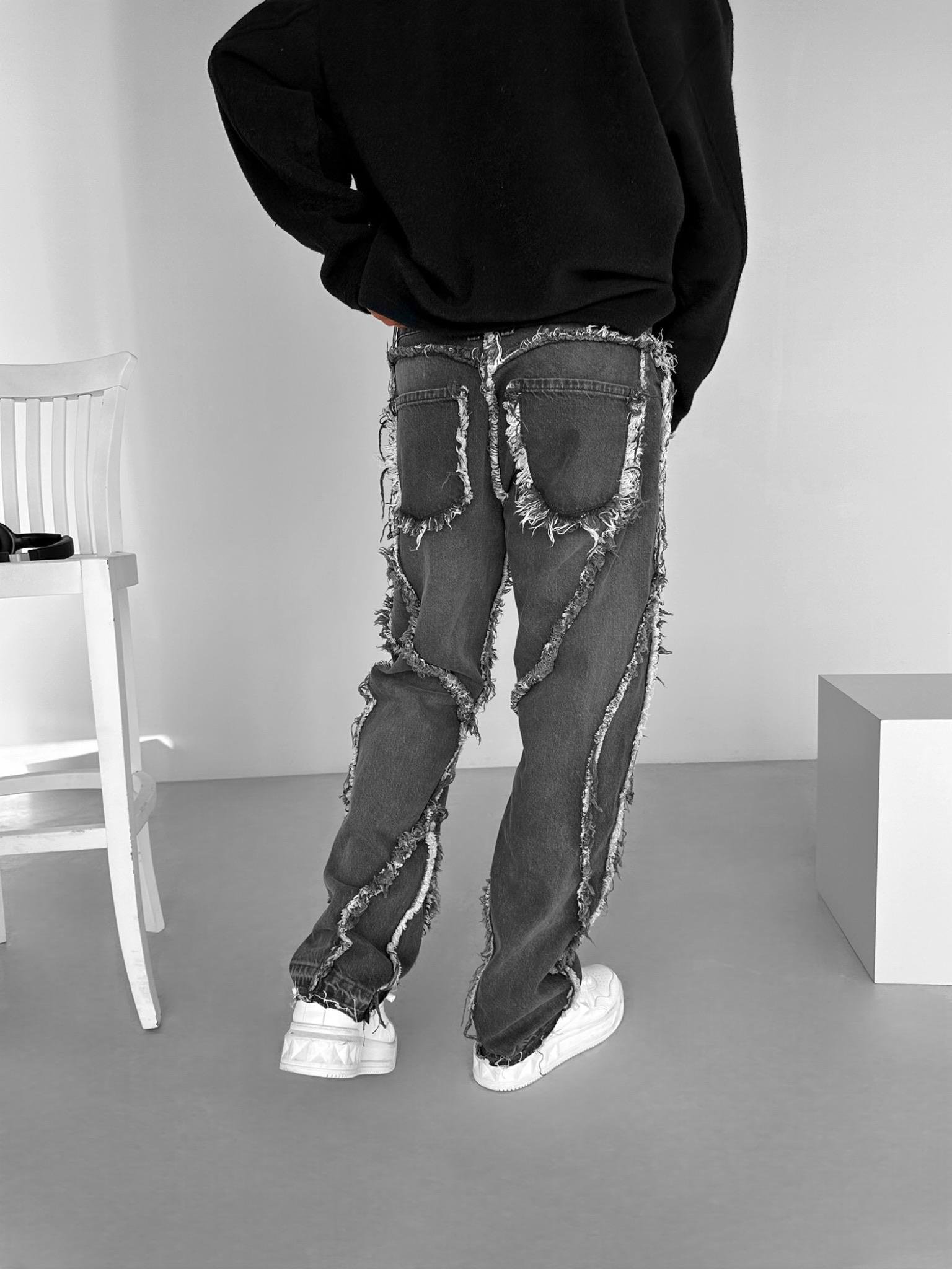 Erkek Baggy Fit %100 Pamuk Saçaklı Jean Kot Pantolon Gri