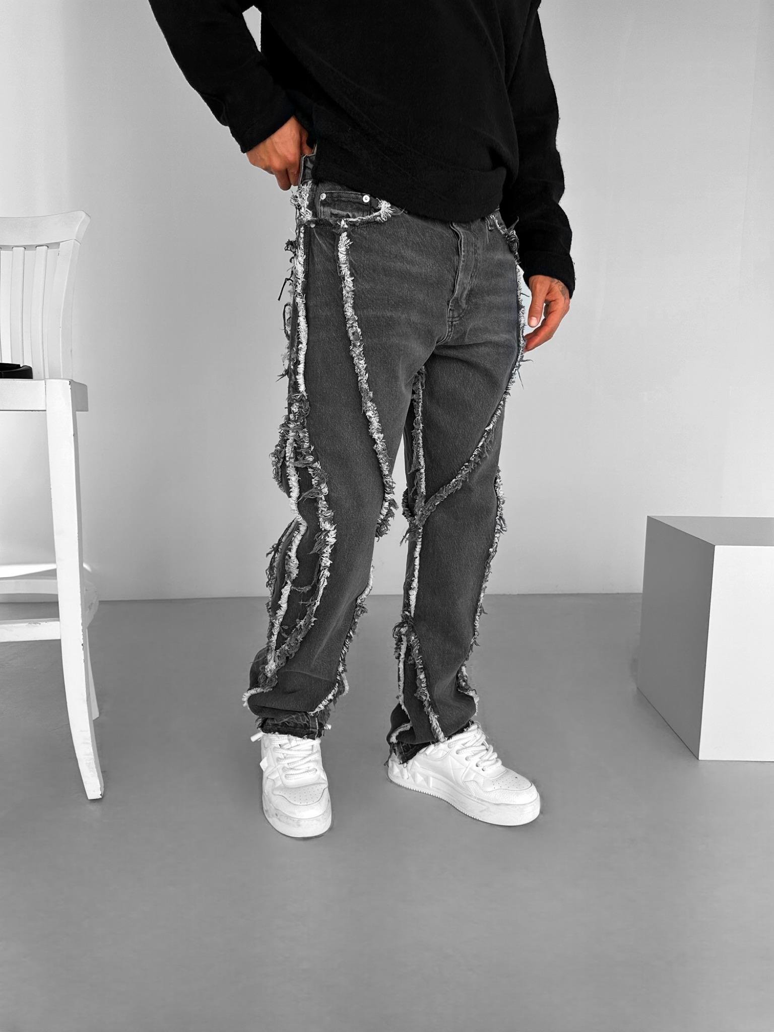 Erkek Baggy Fit %100 Pamuk Saçaklı Jean Kot Pantolon Gri