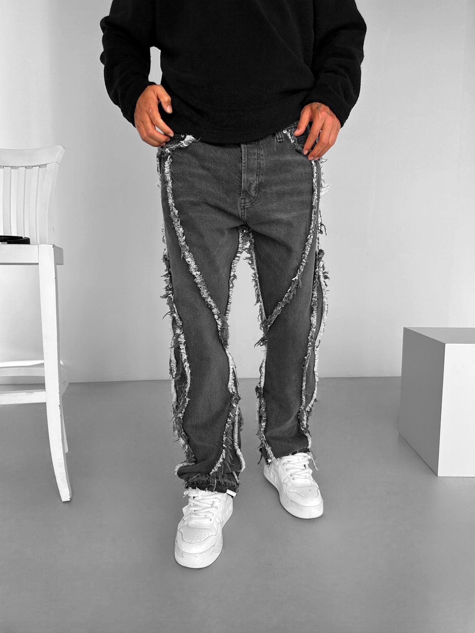 Erkek Baggy Fit %100 Pamuk Saçaklı Jean Kot Pantolon Gri