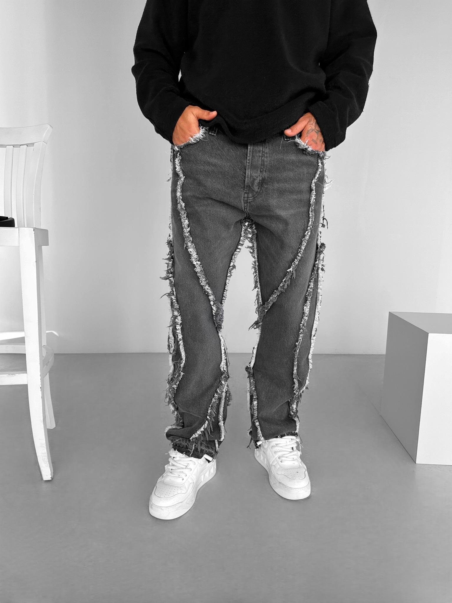 Erkek Baggy Fit %100 Pamuk Saçaklı Jean Kot Pantolon Gri