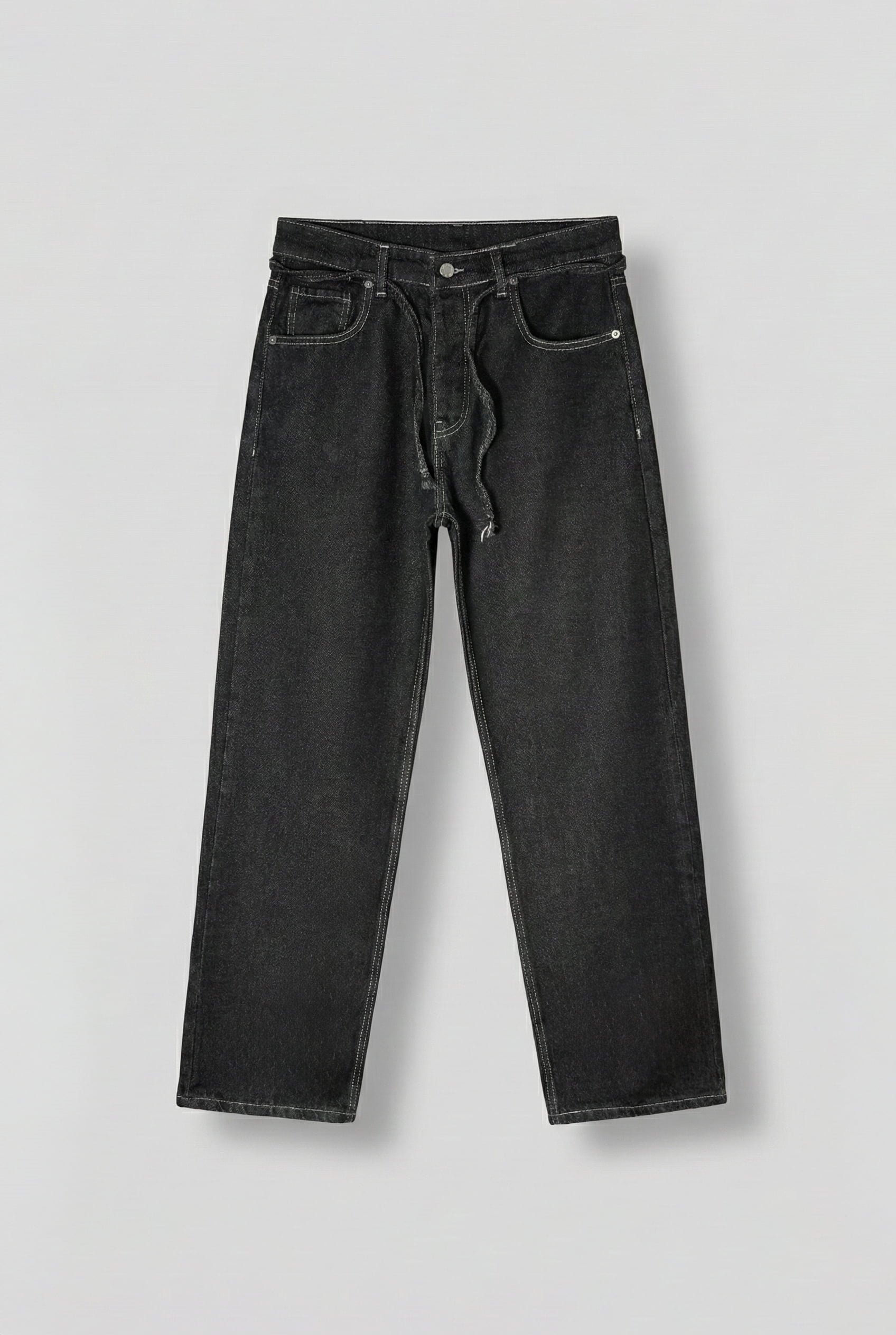 Erkek Baggy Fit Bağcıklı Bel Jean Pantolon Siyah