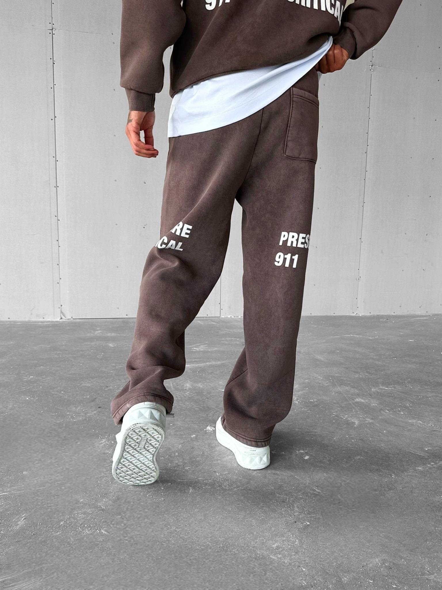 Erkek Baggy Fit Baskılı Yıkamalı Eşofman Kahverengi