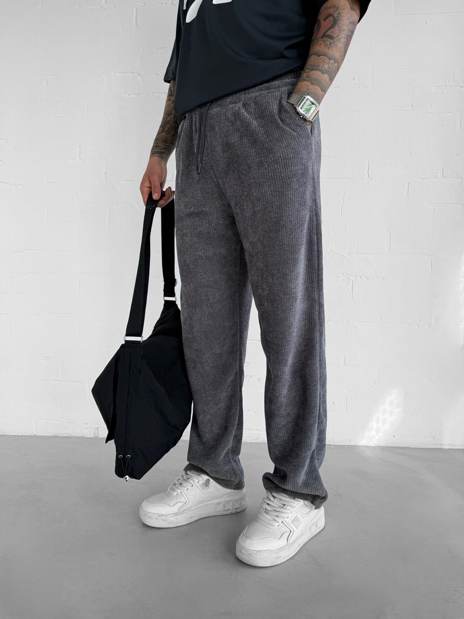 Erkek Baggy Fit Beli Lastikli Rahat Dokulu Örme Pantolon Antrasit