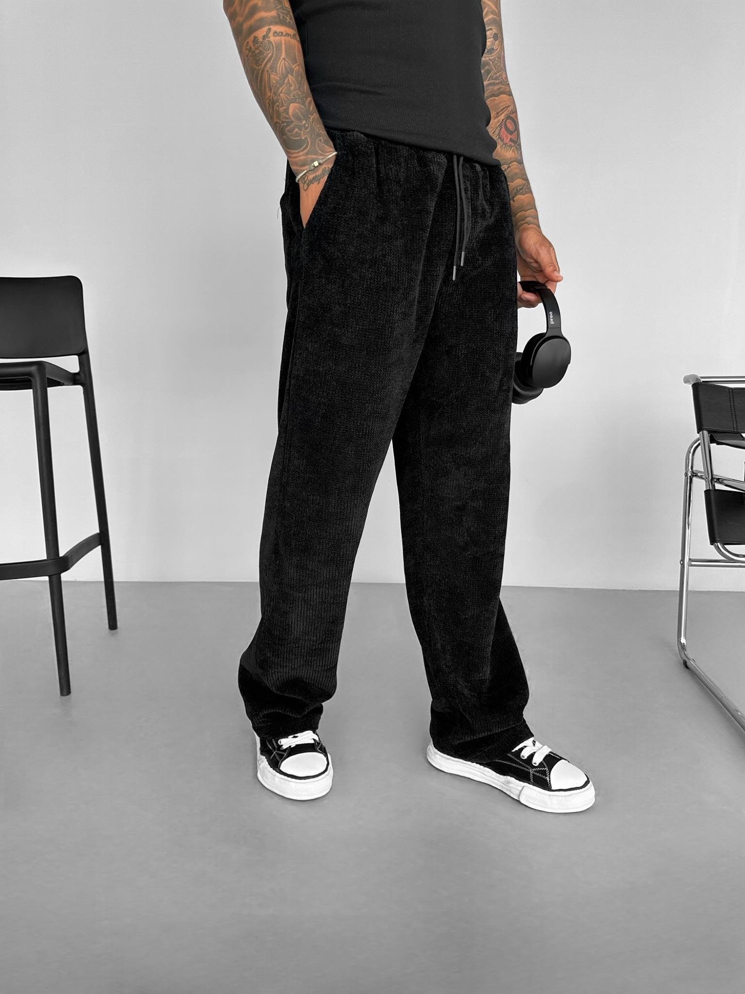 Erkek Baggy Fit Beli Lastikli Rahat Dokulu Örme Pantolon Siyah