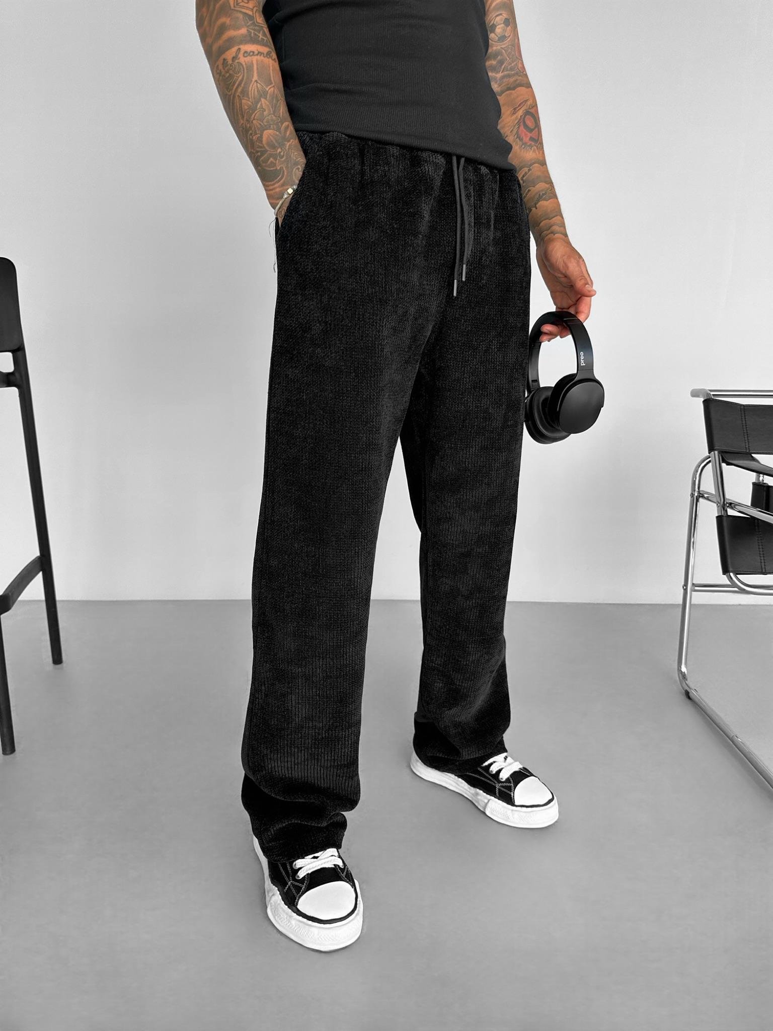 Erkek Baggy Fit Beli Lastikli Rahat Dokulu Örme Pantolon Siyah