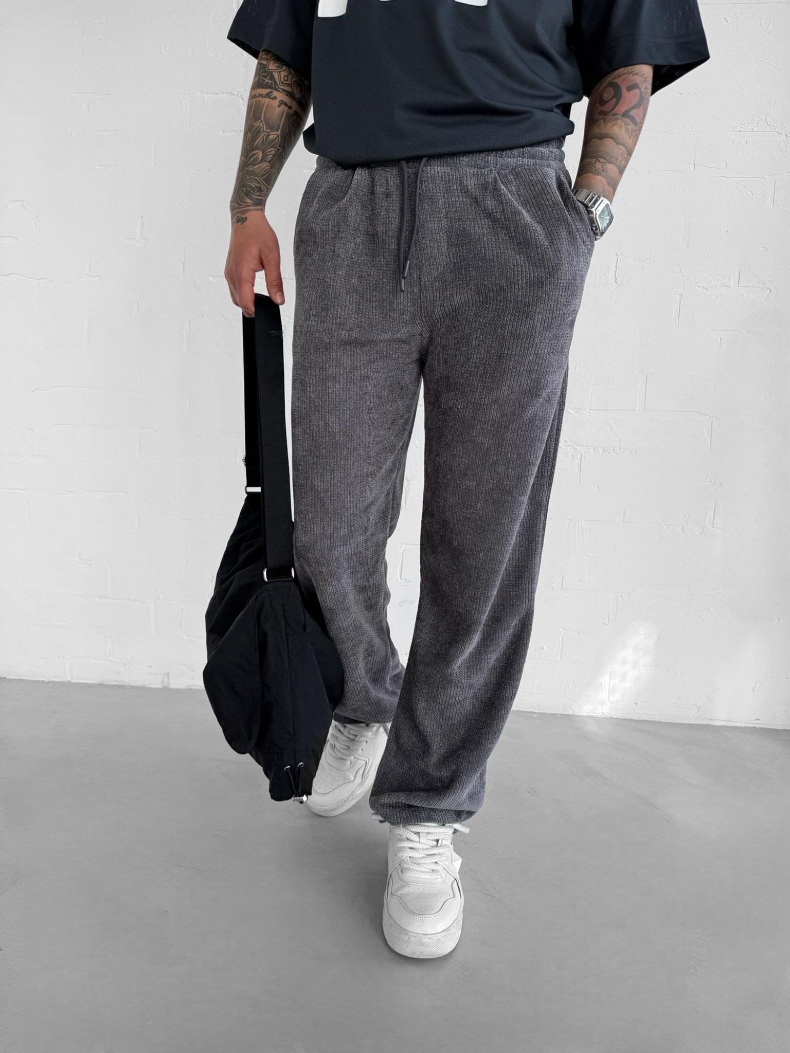 Erkek Baggy Fit Beli Lastikli Rahat Dokulu Örme Pantolon Antrasit