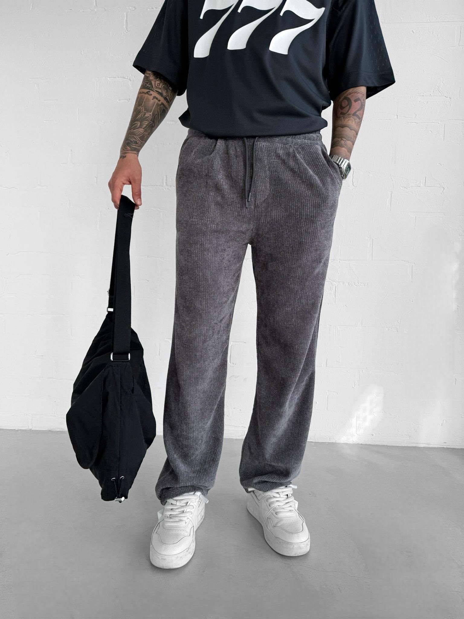 Erkek Baggy Fit Beli Lastikli Rahat Dokulu Örme Pantolon Antrasit