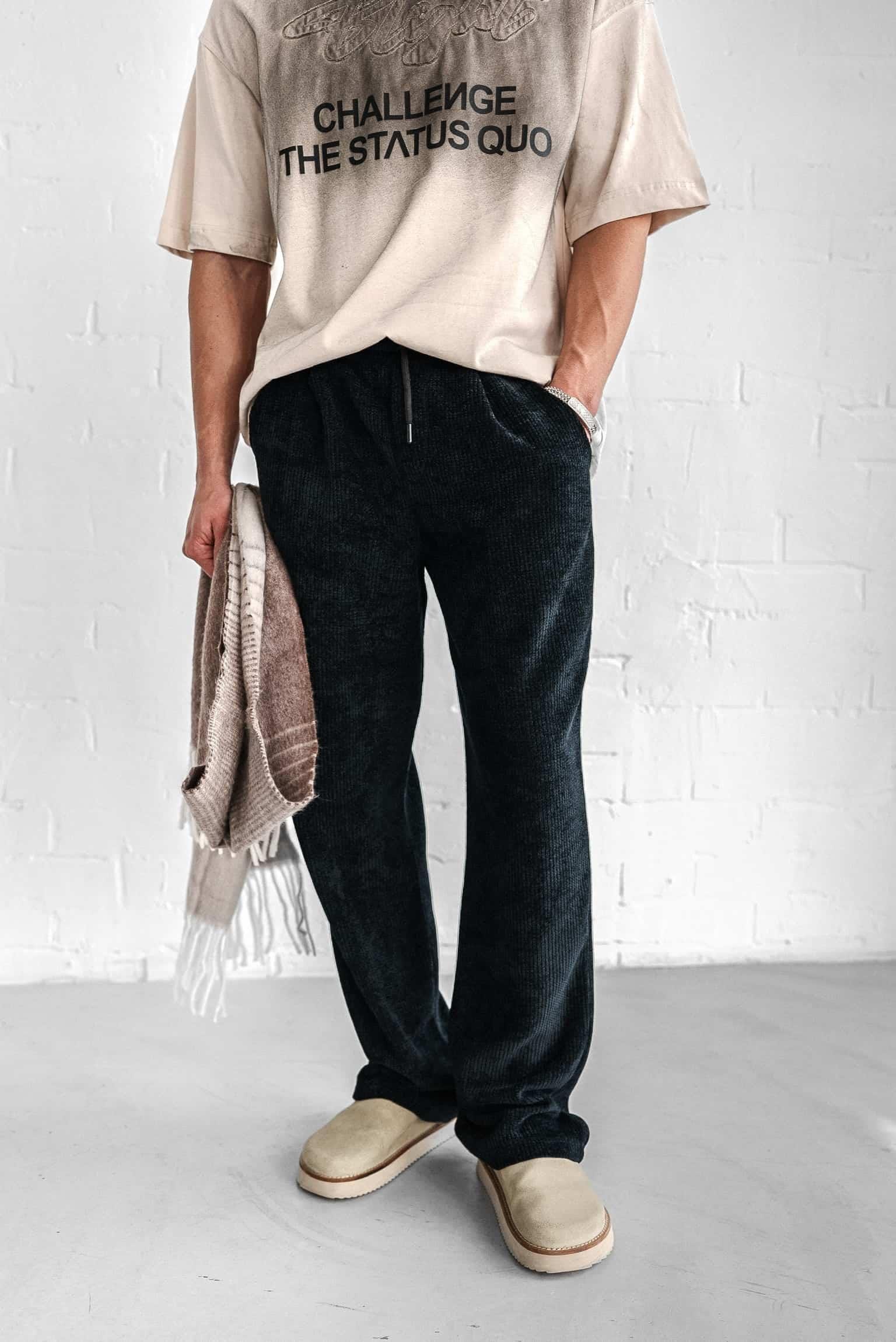 Erkek Baggy Fit Beli Lastikli Rahat Dokulu Örme Pantolon Siyah