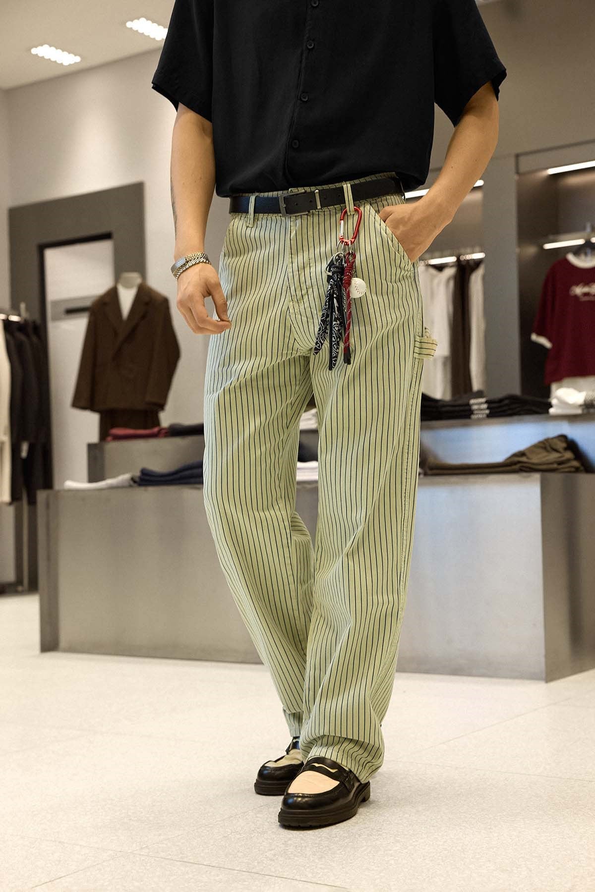 Erkek Baggy Fit Çizgili Jean Pantolon Bej