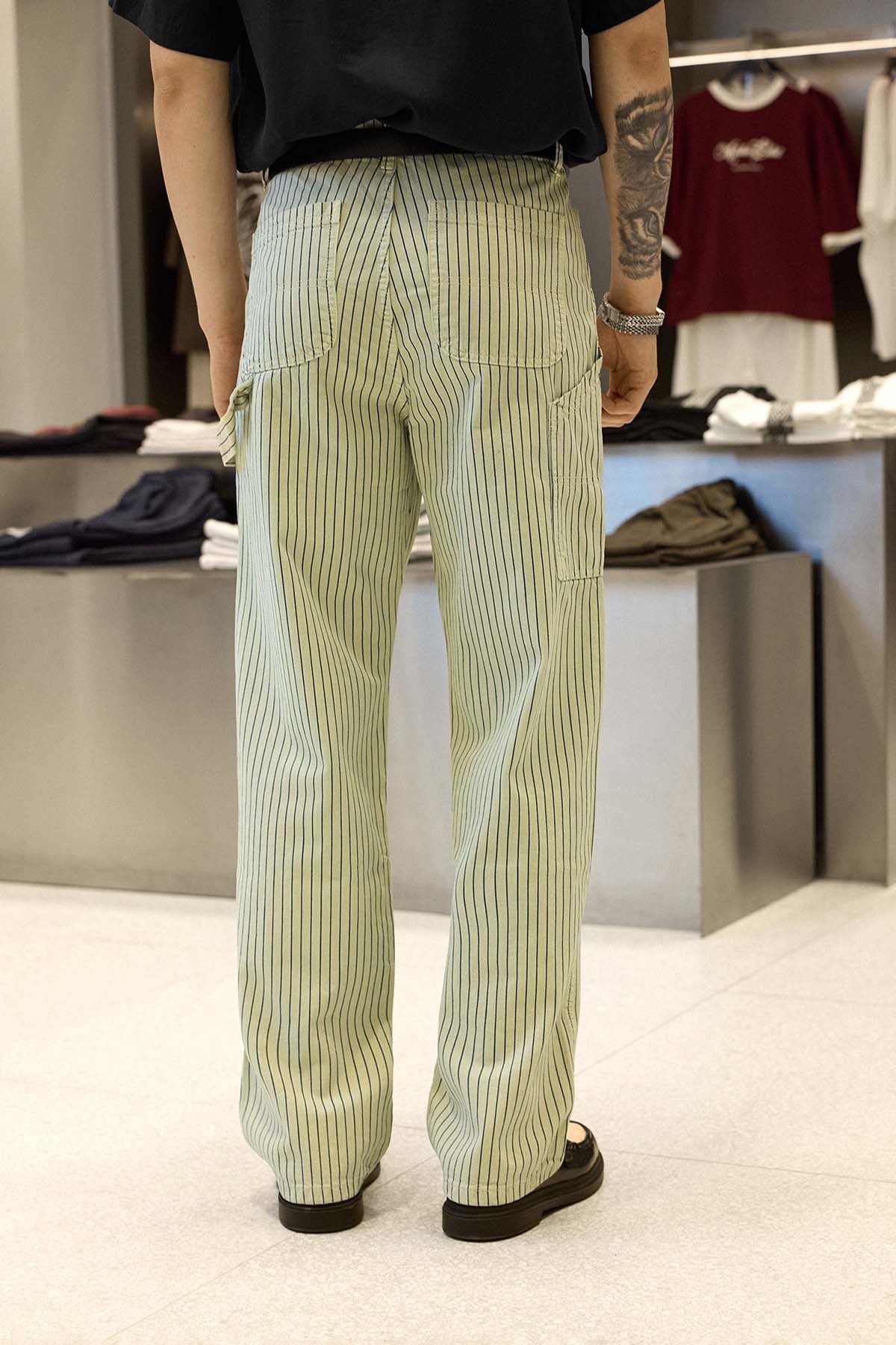 Erkek Baggy Fit Çizgili Jean Pantolon Bej