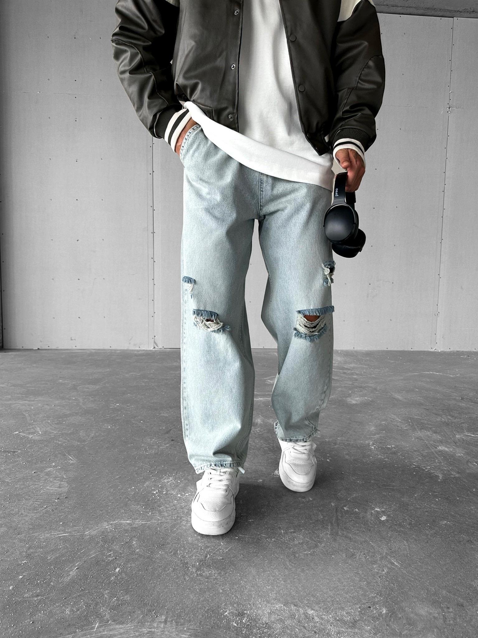 Erkek Baggy Fit Distressed Jean Açık Mavi