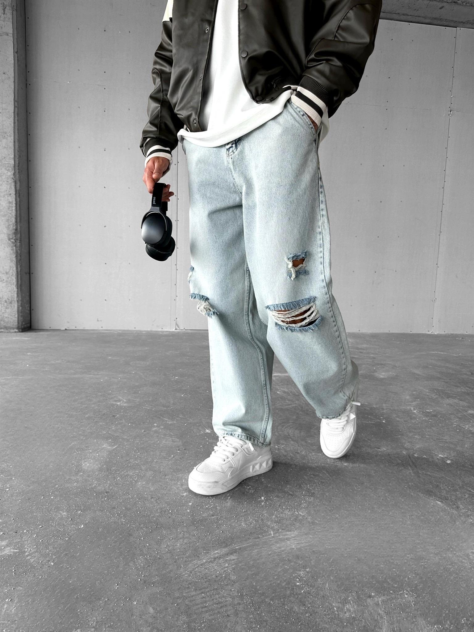Erkek Baggy Fit Distressed Jean Açık Mavi