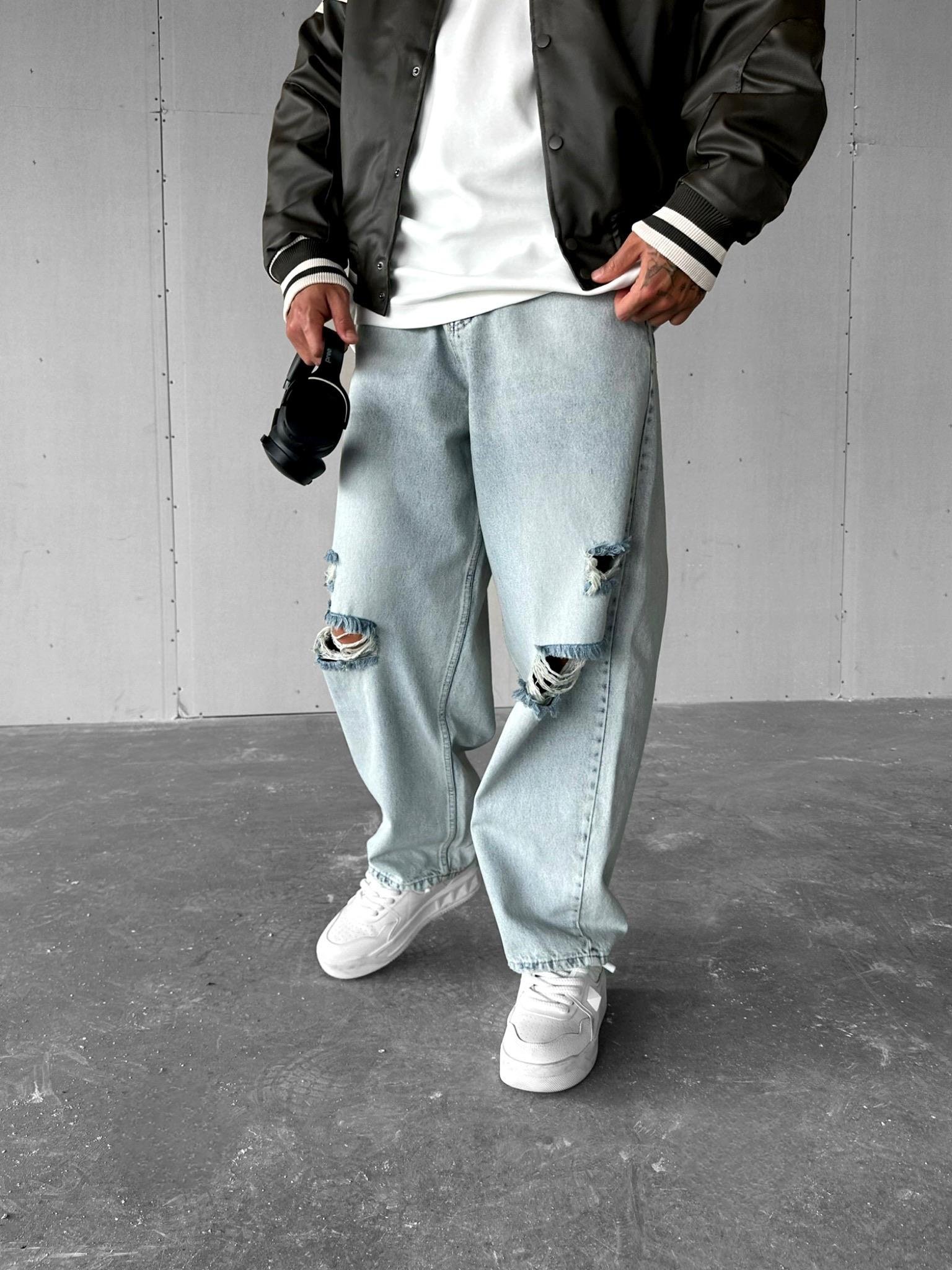 Erkek Baggy Fit Distressed Jean Açık Mavi