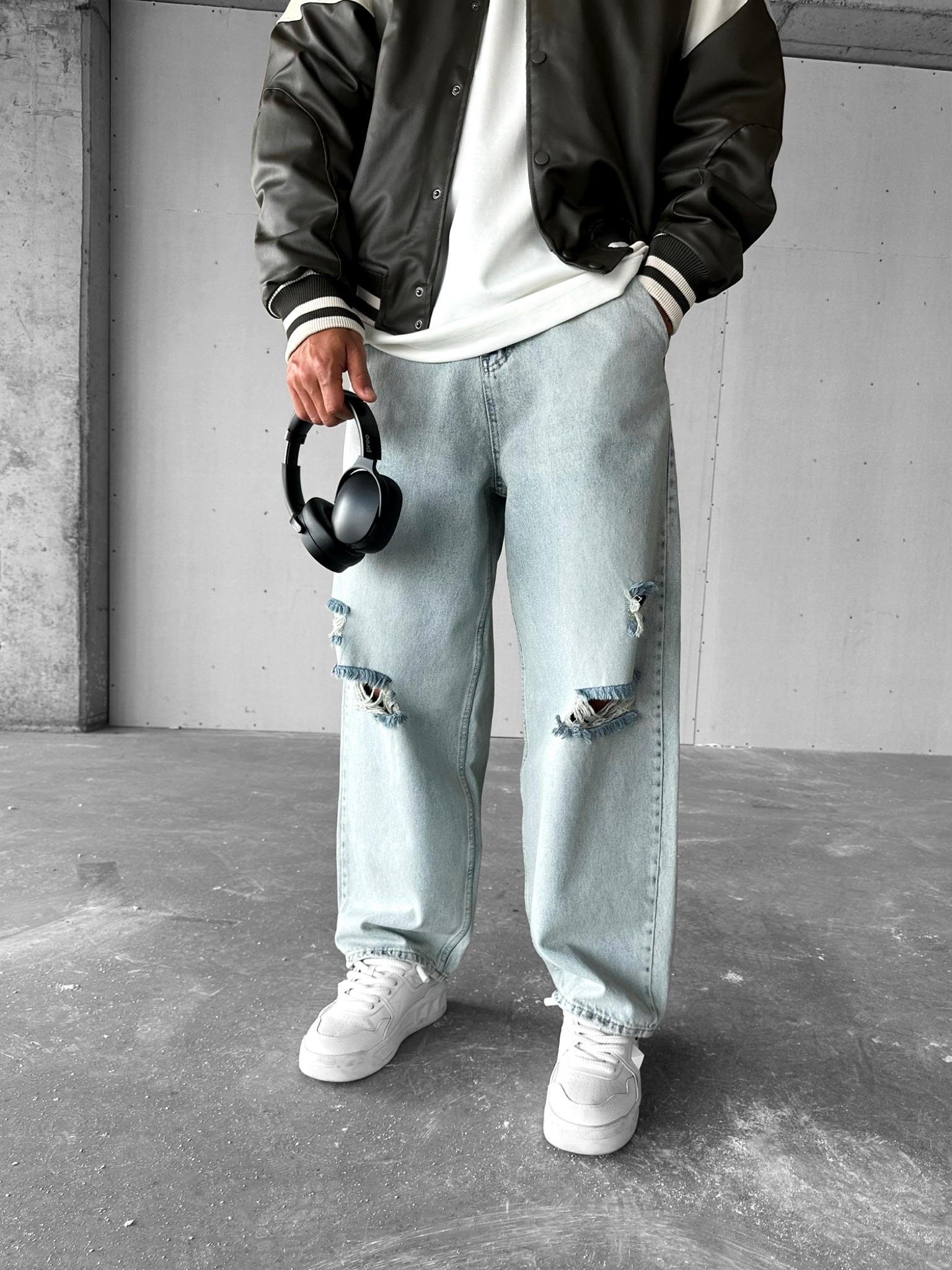 Erkek Baggy Fit Distressed Jean Açık Mavi
