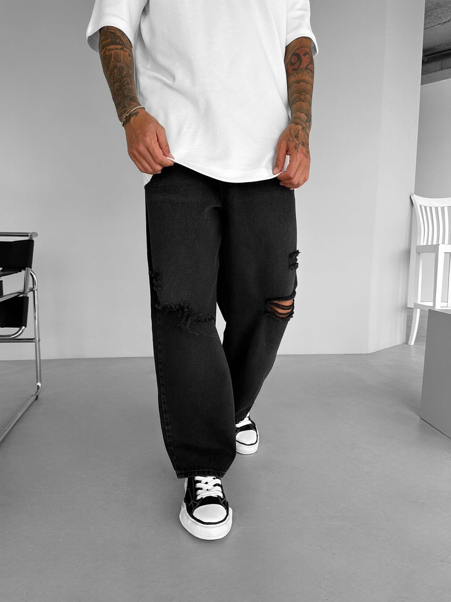 Erkek Baggy Fit Distressed Jean Siyah