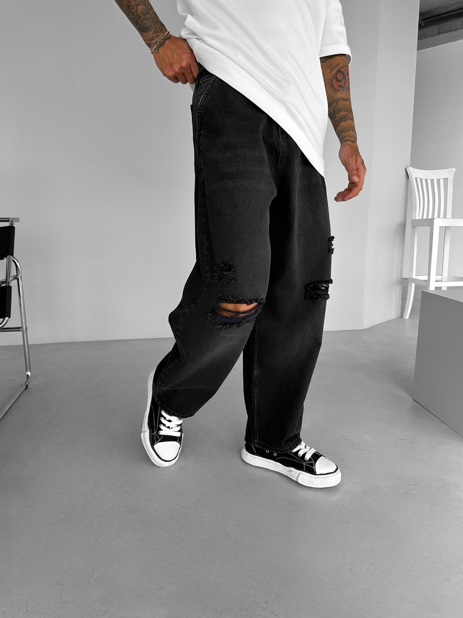 Erkek Baggy Fit Distressed Jean Siyah