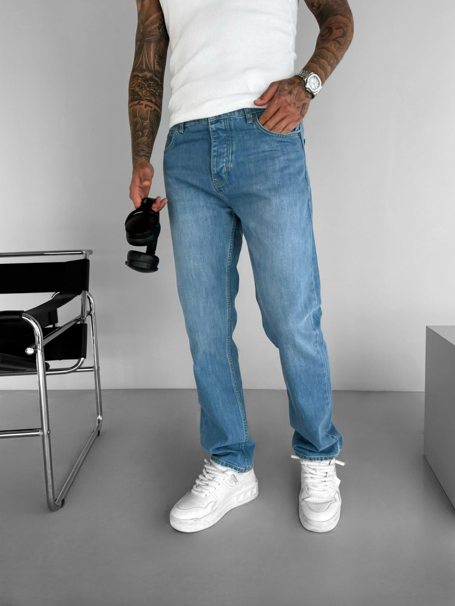 Erkek Baggy Fit Düz Kesim Jean Pantolon Mavi