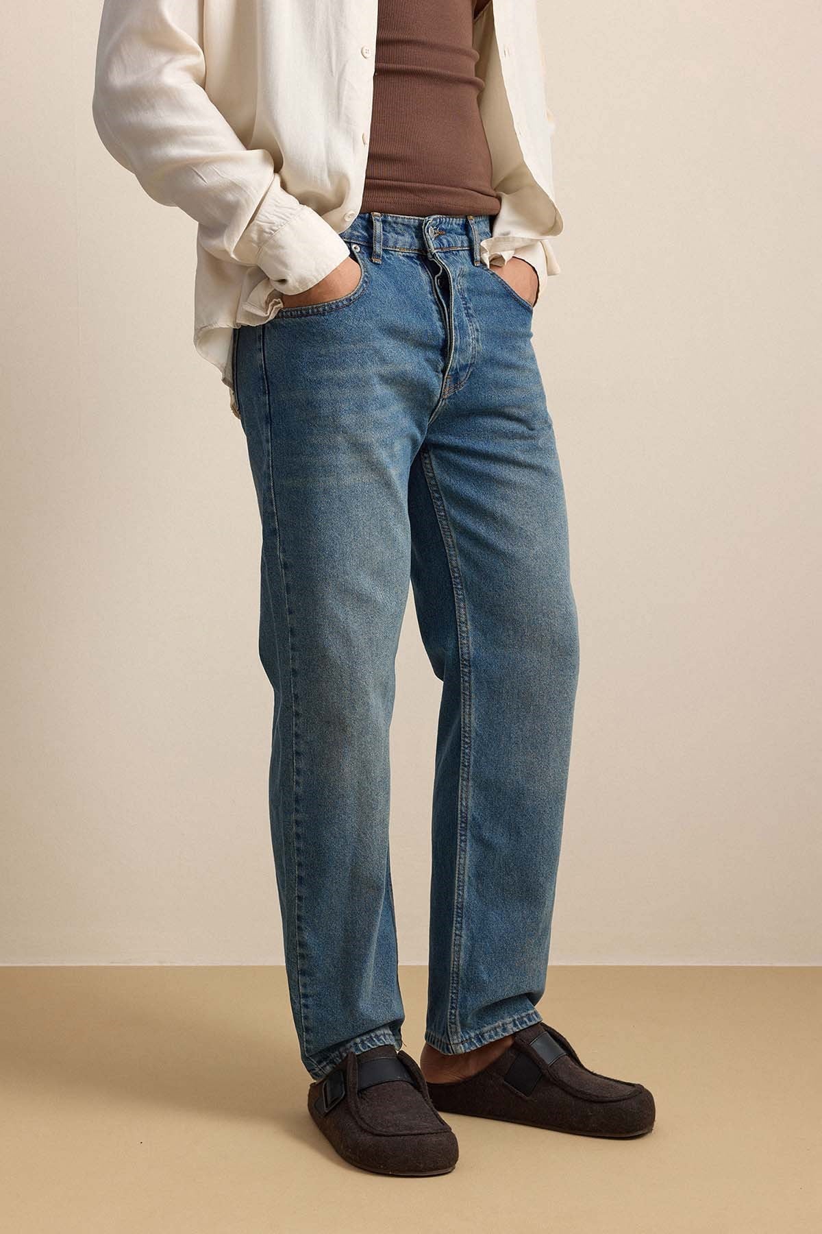 Erkek Baggy Fit Hafif Kontrast Yıkamalı Jean Pantolon Mavi