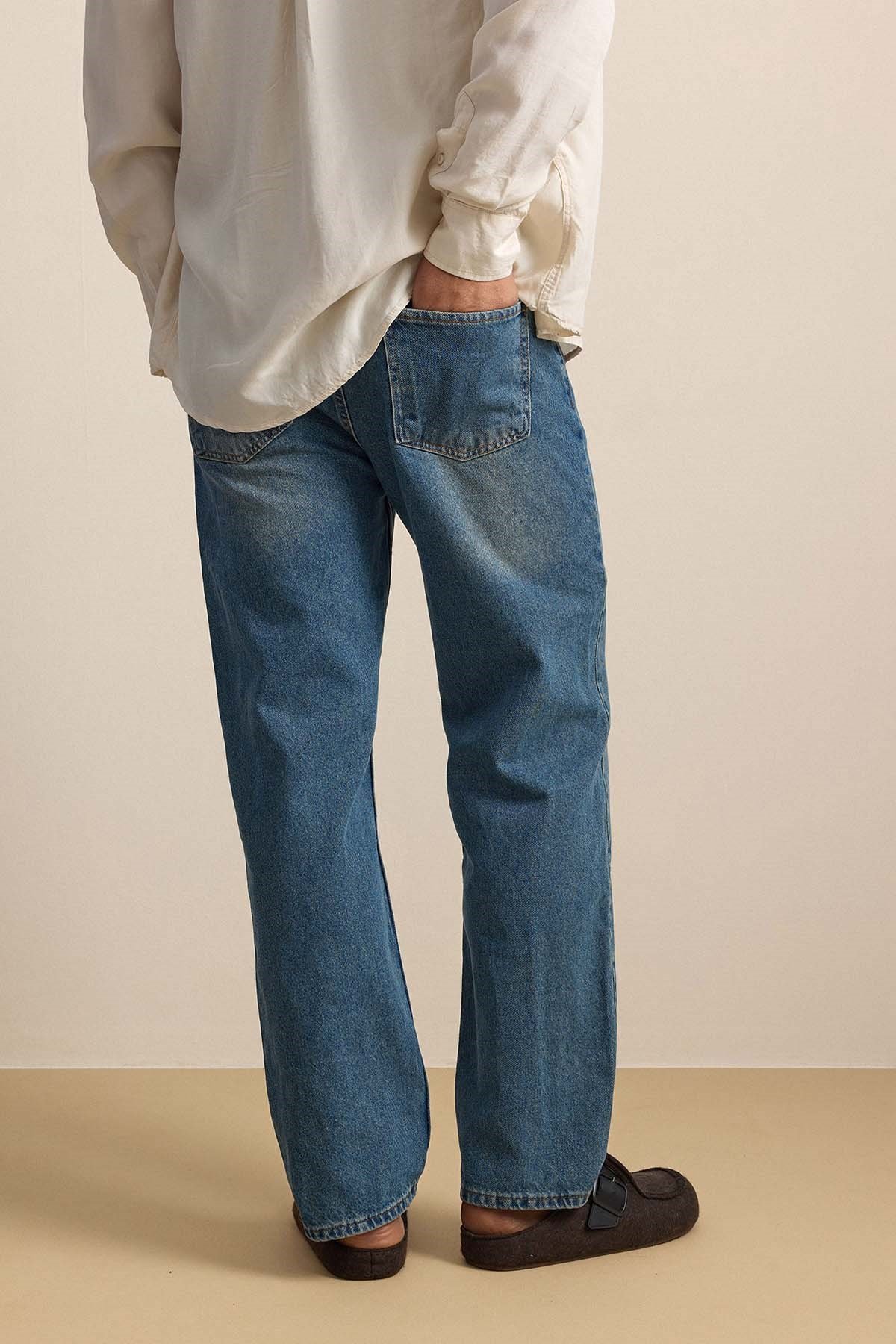 Erkek Baggy Fit Hafif Kontrast Yıkamalı Jean Pantolon Mavi