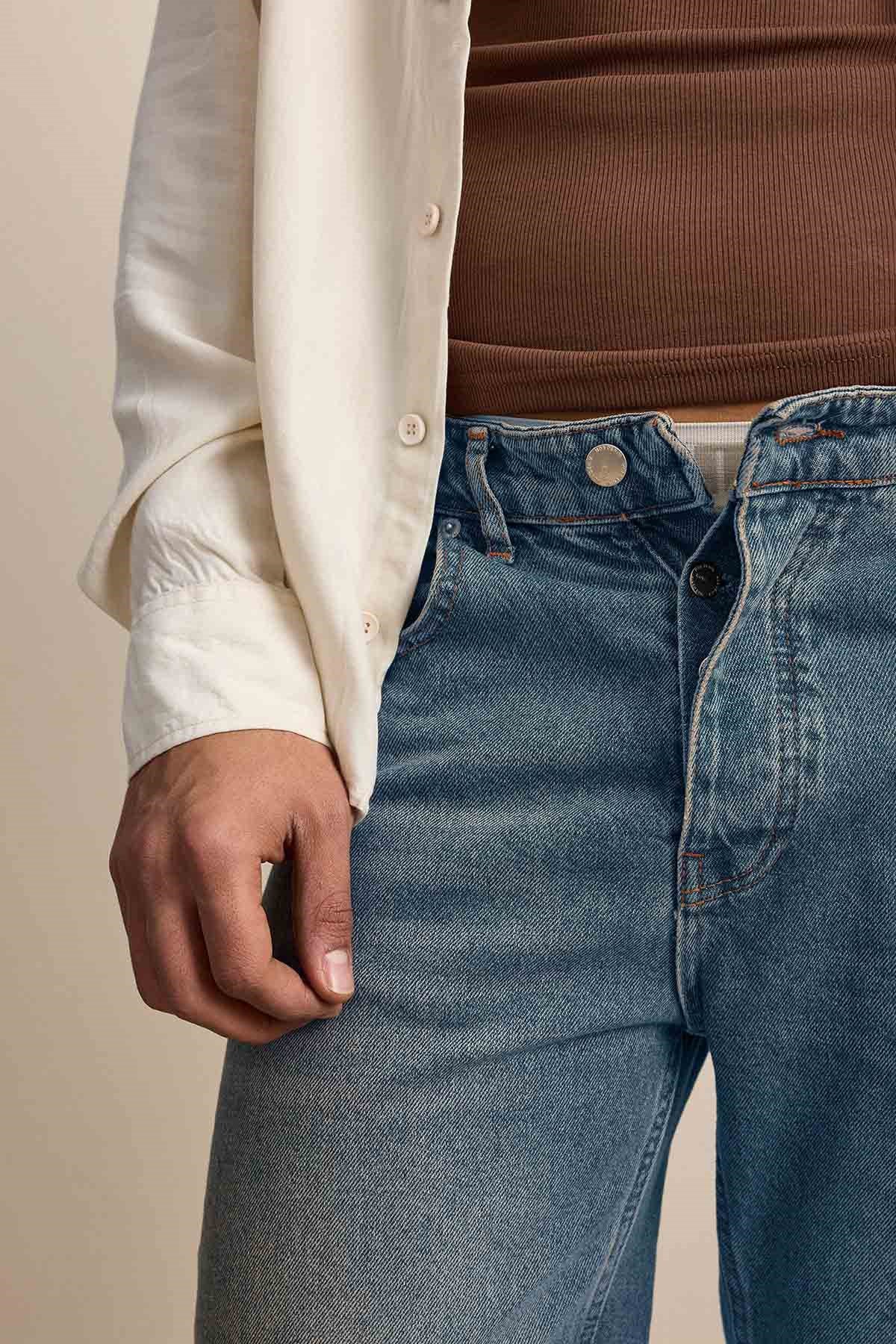 Erkek Baggy Fit Hafif Kontrast Yıkamalı Jean Pantolon Mavi