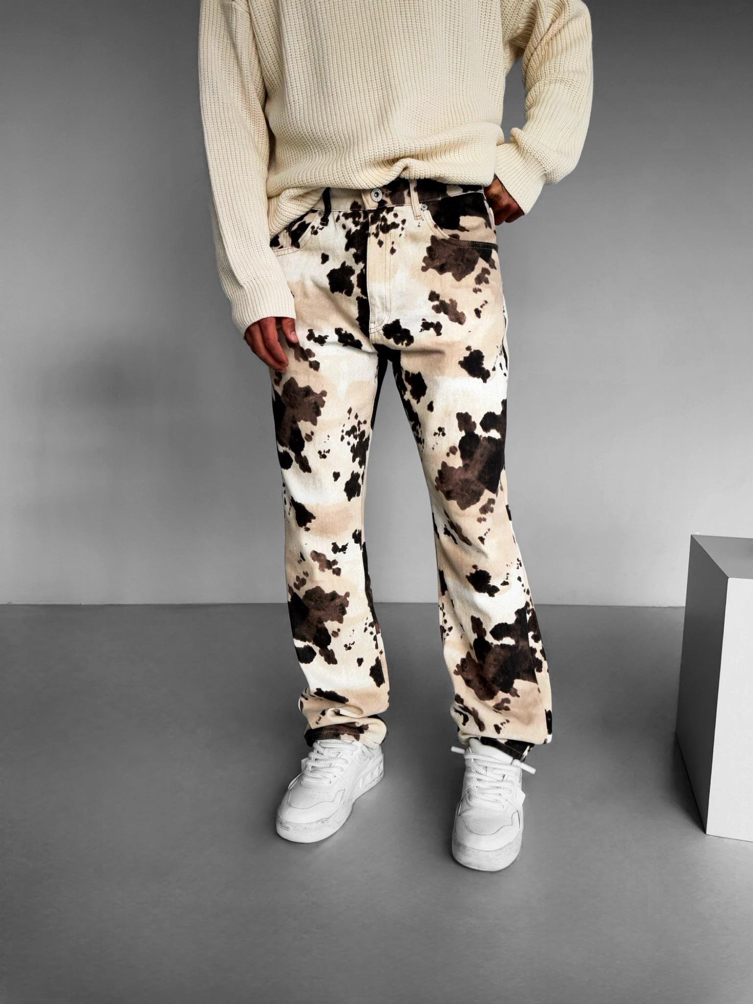 Erkek Baggy Fit İnek Desenli Pantolon Bej