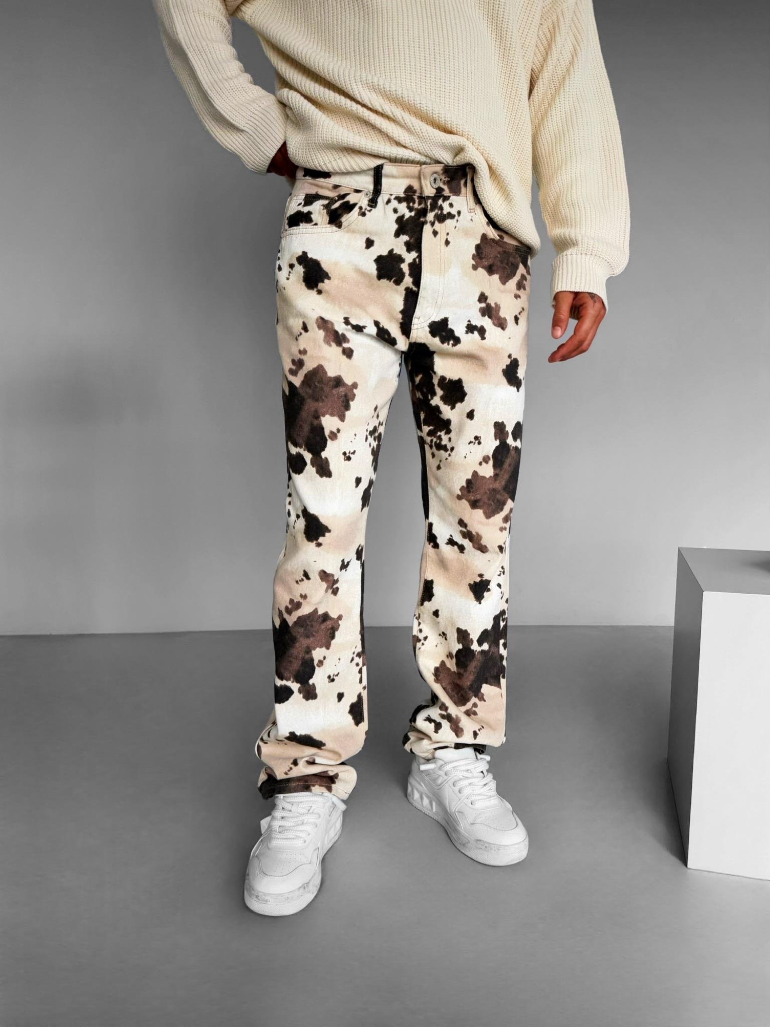 Erkek Baggy Fit İnek Desenli Pantolon Bej