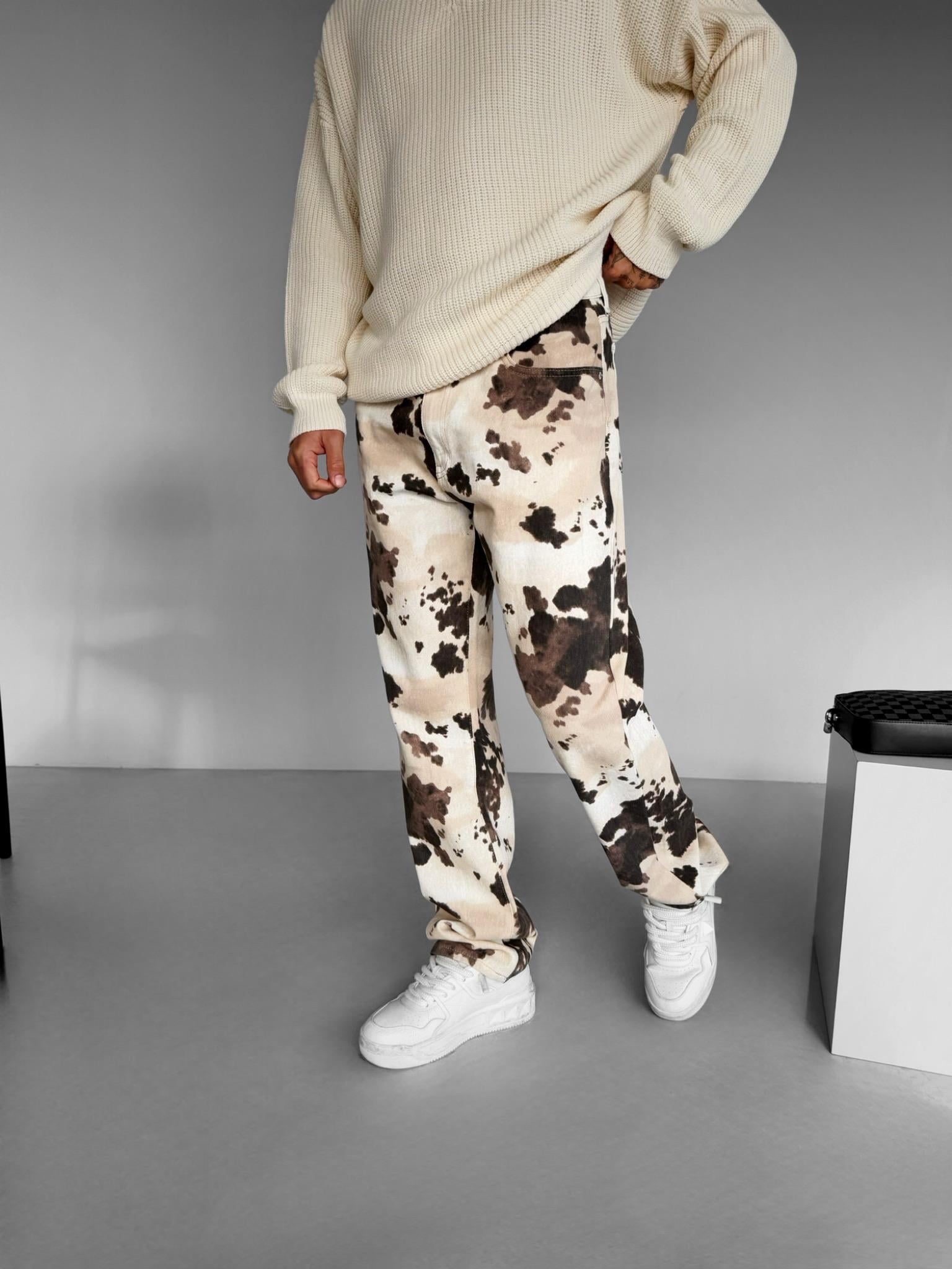Erkek Baggy Fit İnek Desenli Pantolon Bej