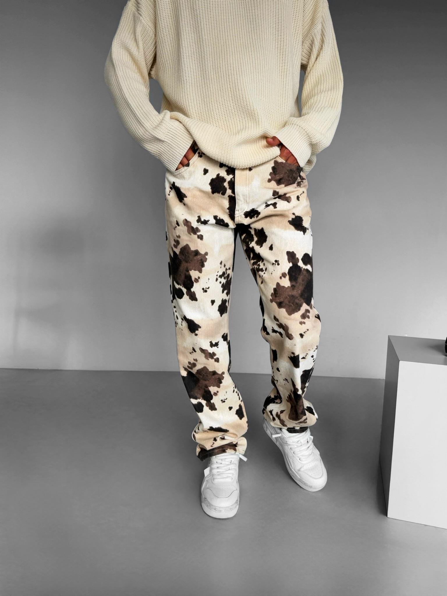 Erkek Baggy Fit İnek Desenli Pantolon Bej