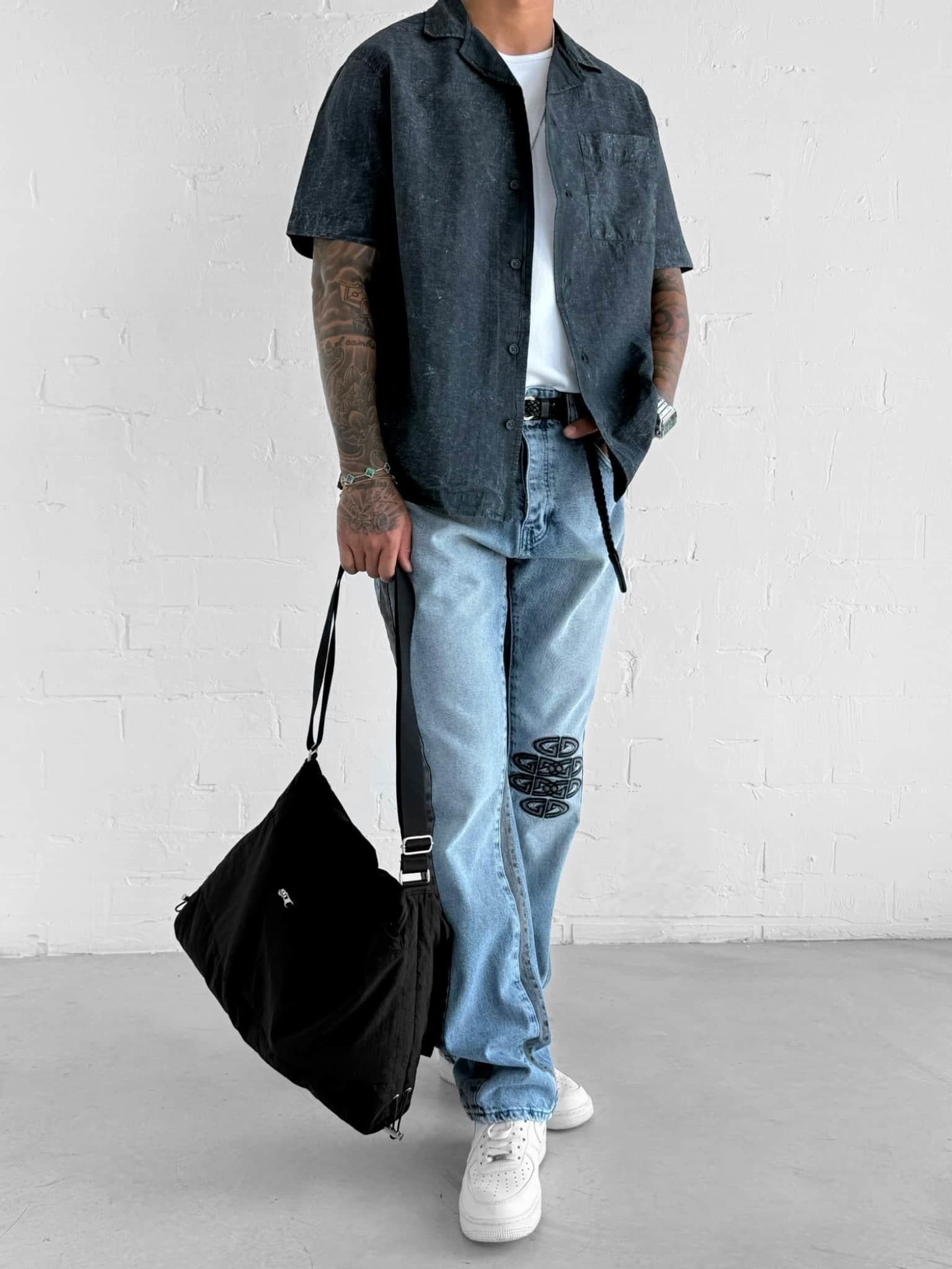 Erkek Baggy Fit İşlemeli Rahat Kalıp Jean Pantolon Mavi
