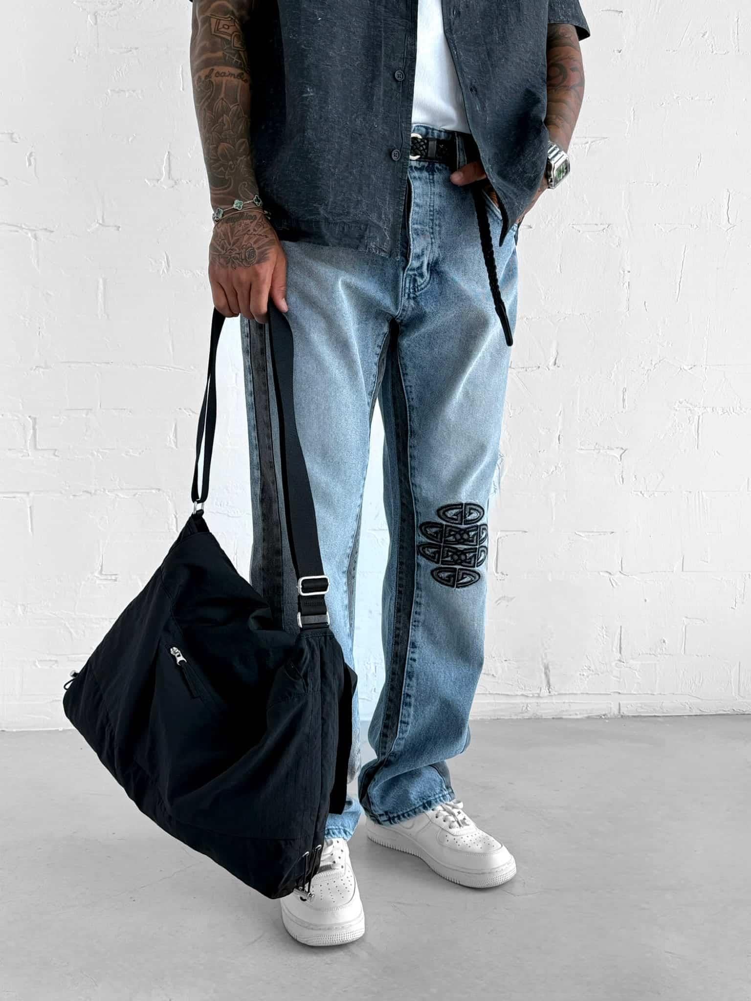 Erkek Baggy Fit İşlemeli Rahat Kalıp Jean Pantolon Mavi