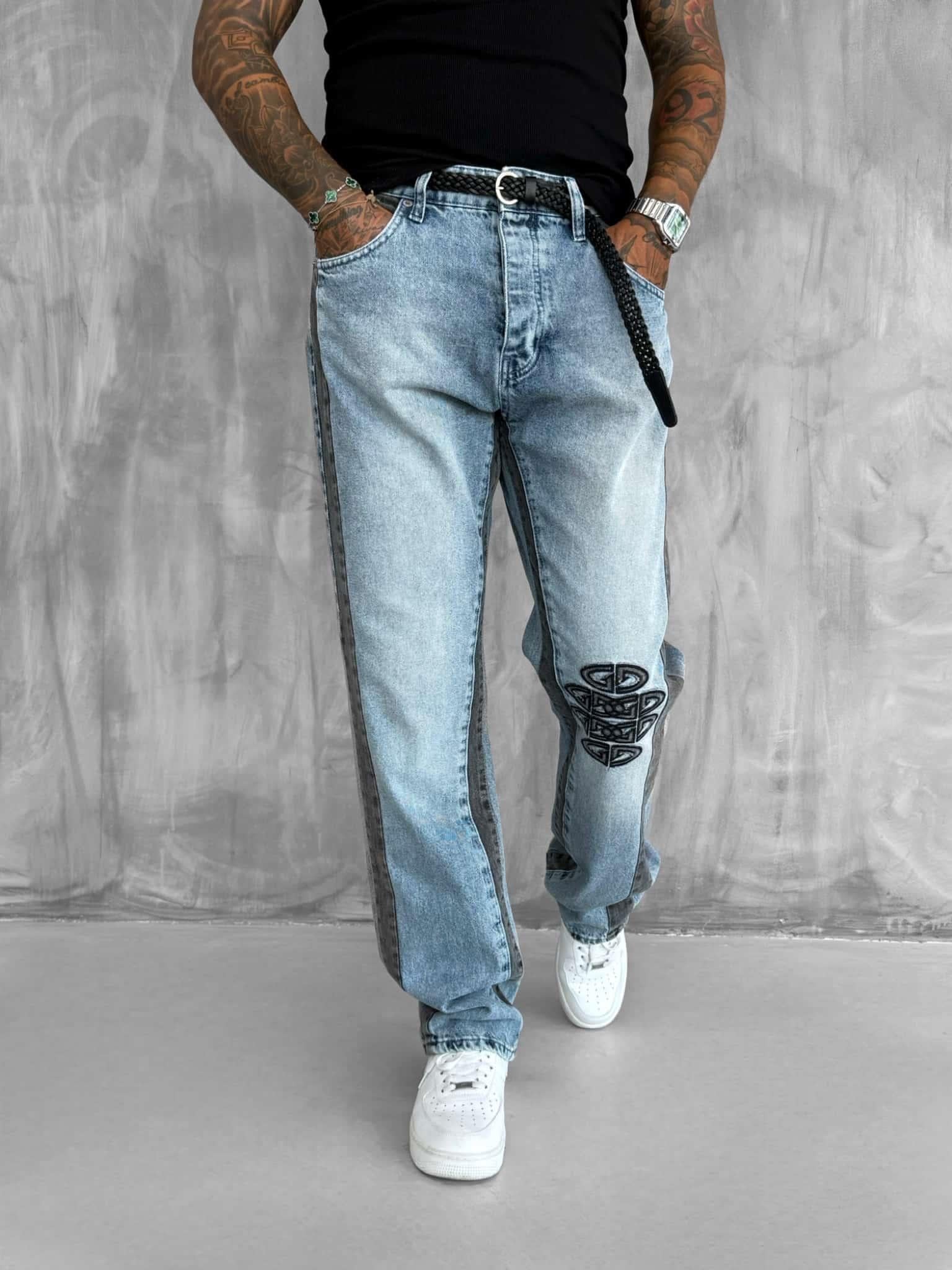 Erkek Baggy Fit İşlemeli Rahat Kalıp Jean Pantolon Mavi