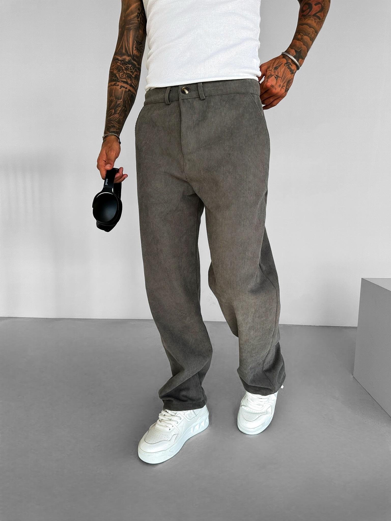 Erkek Baggy Fit Kadife Geniş Kalıp Bol Paça Pantolon Gri