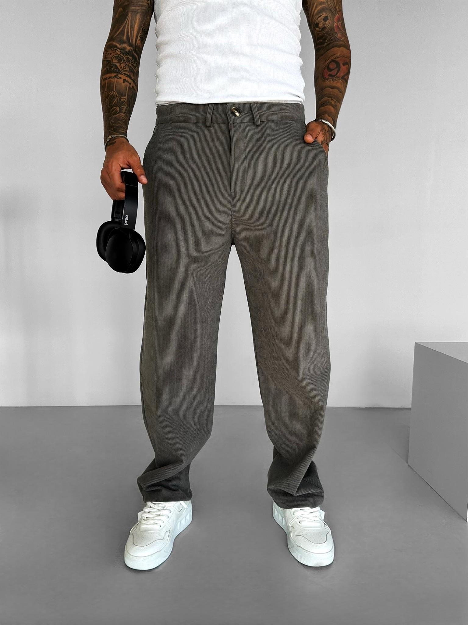 Erkek Baggy Fit Kadife Geniş Kalıp Bol Paça Pantolon Gri