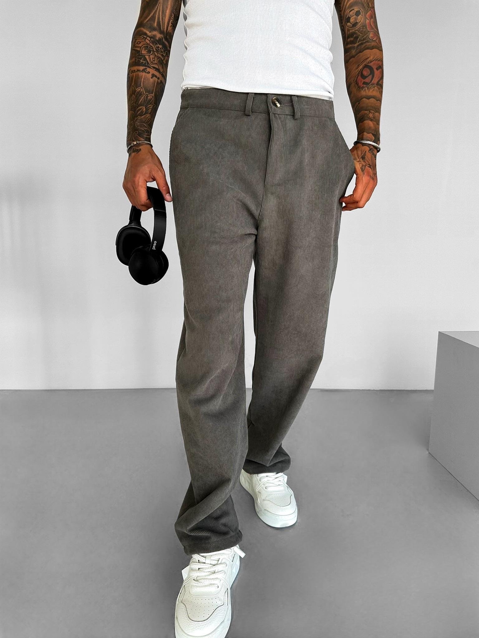 Erkek Baggy Fit Kadife Geniş Kalıp Bol Paça Pantolon Gri