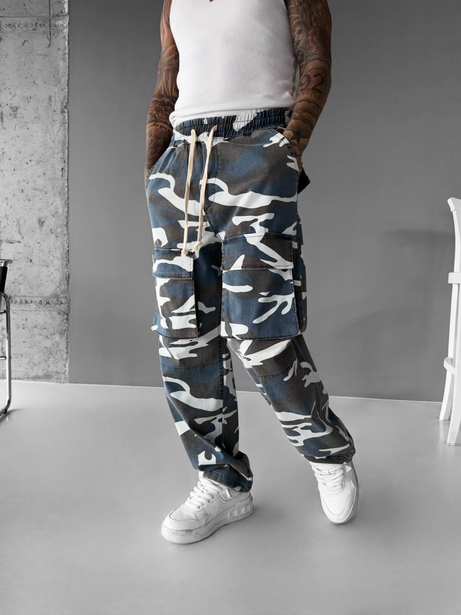 Erkek Baggy Fit Kamuflaj Kargo Pantolon Mavi