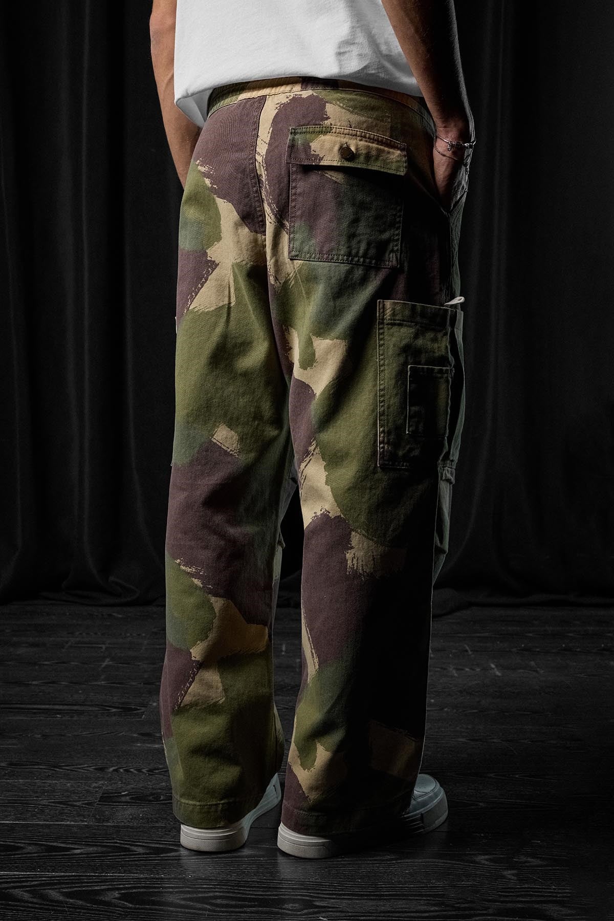 Erkek Baggy Fit Kamuflajlı Kargo Cepli Jean Pantolon Yeşil