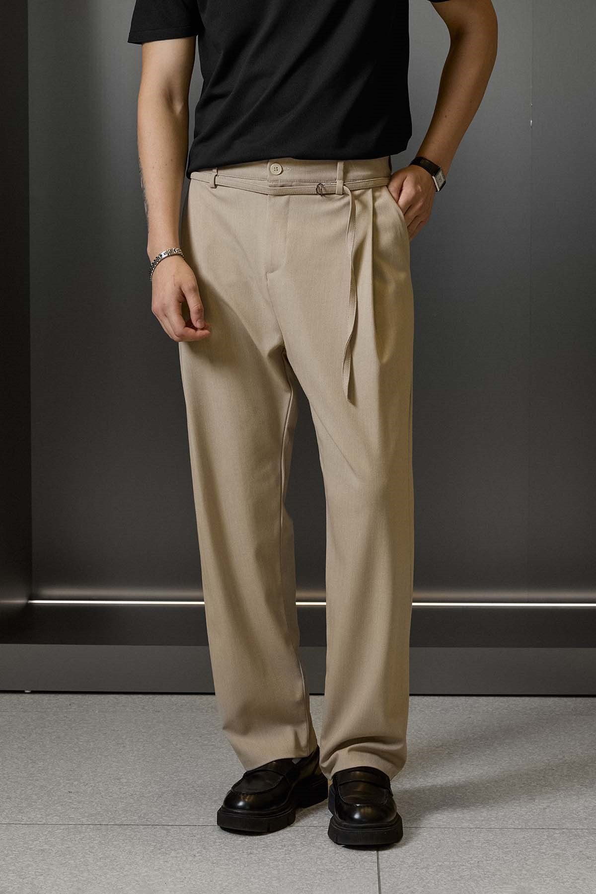Erkek Baggy Fit Kemer Detaylı Gabardin Kumaş Pantolon Bej