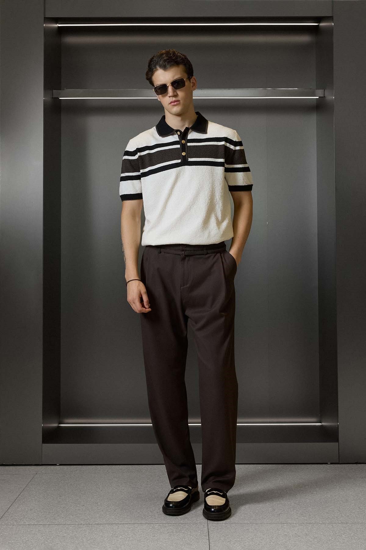 Erkek Baggy Fit Kemer Detaylı Gabardin Kumaş Pantolon Koyu Kahve