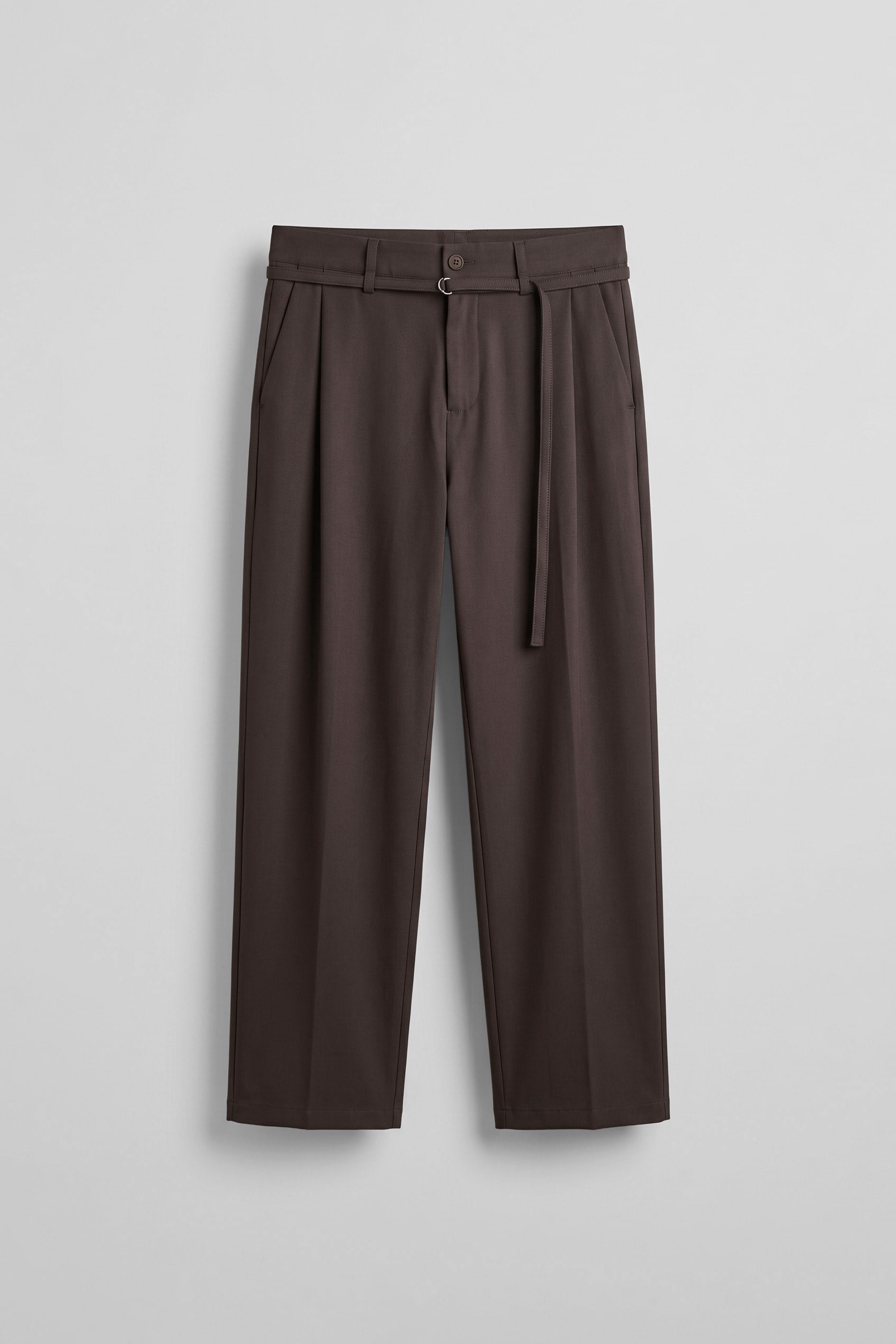 Erkek Baggy Fit Kemer Detaylı Gabardin Kumaş Pantolon Koyu Kahve