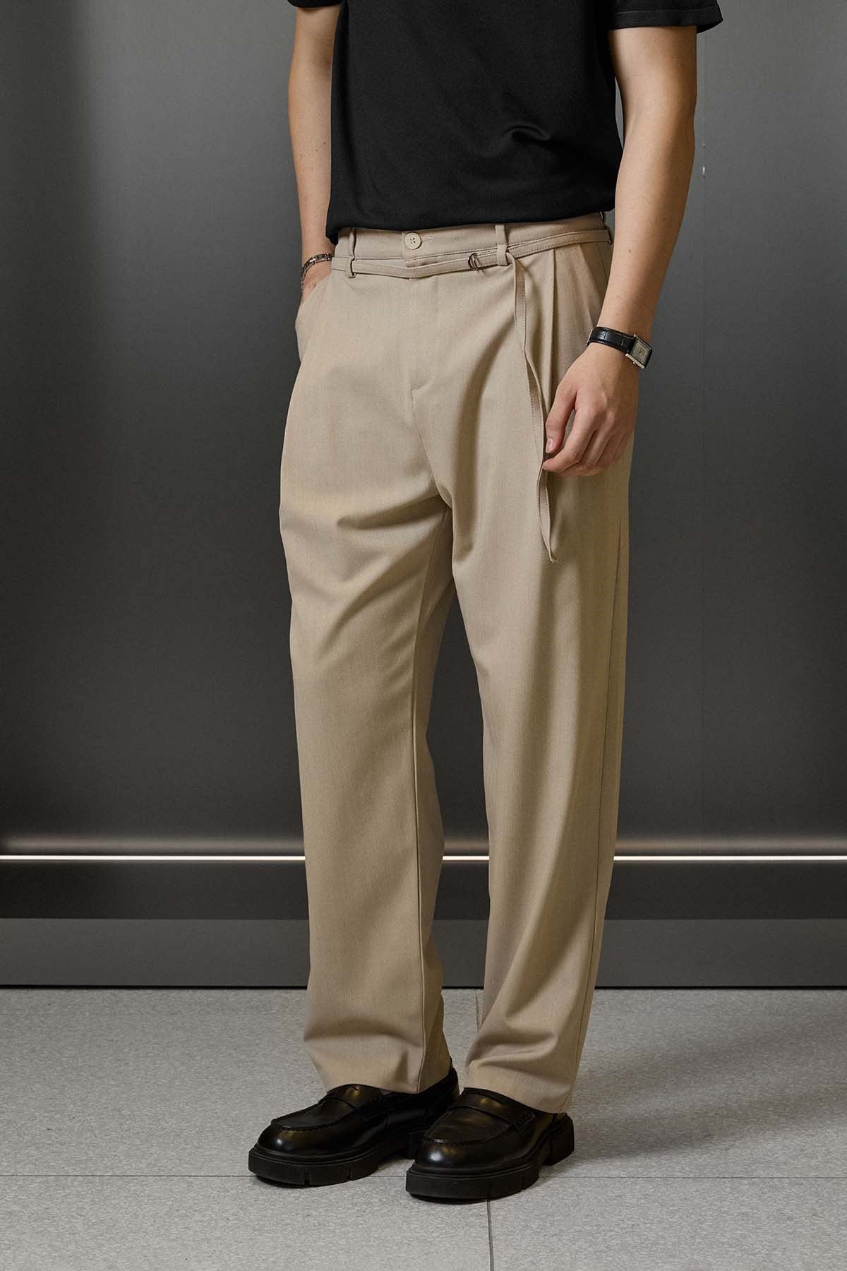 Erkek Baggy Fit Kemer Detaylı Gabardin Kumaş Pantolon Bej