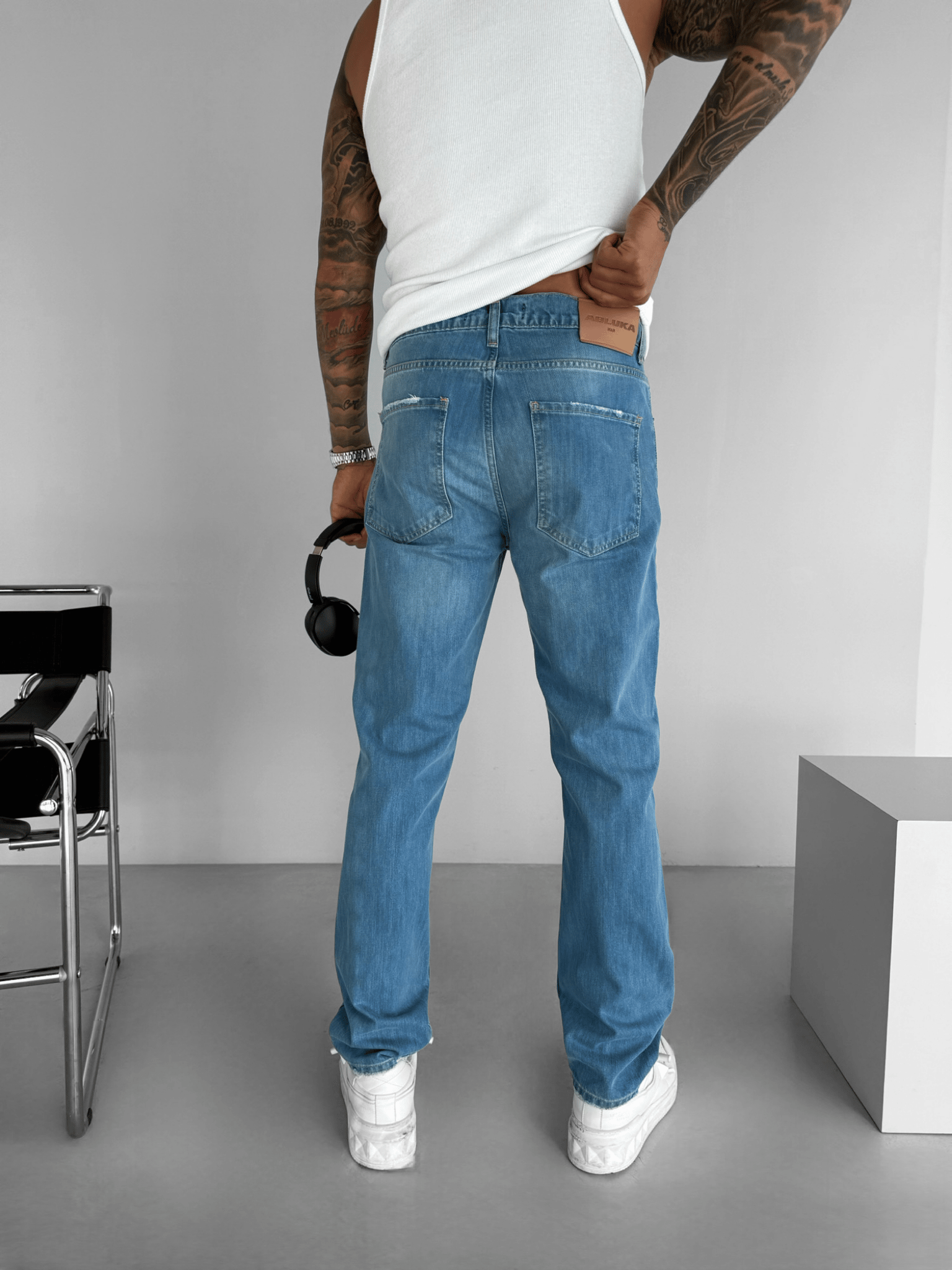Erkek Baggy Fit Kesim Eskitmeli Denim Jean Pantolon Mavi